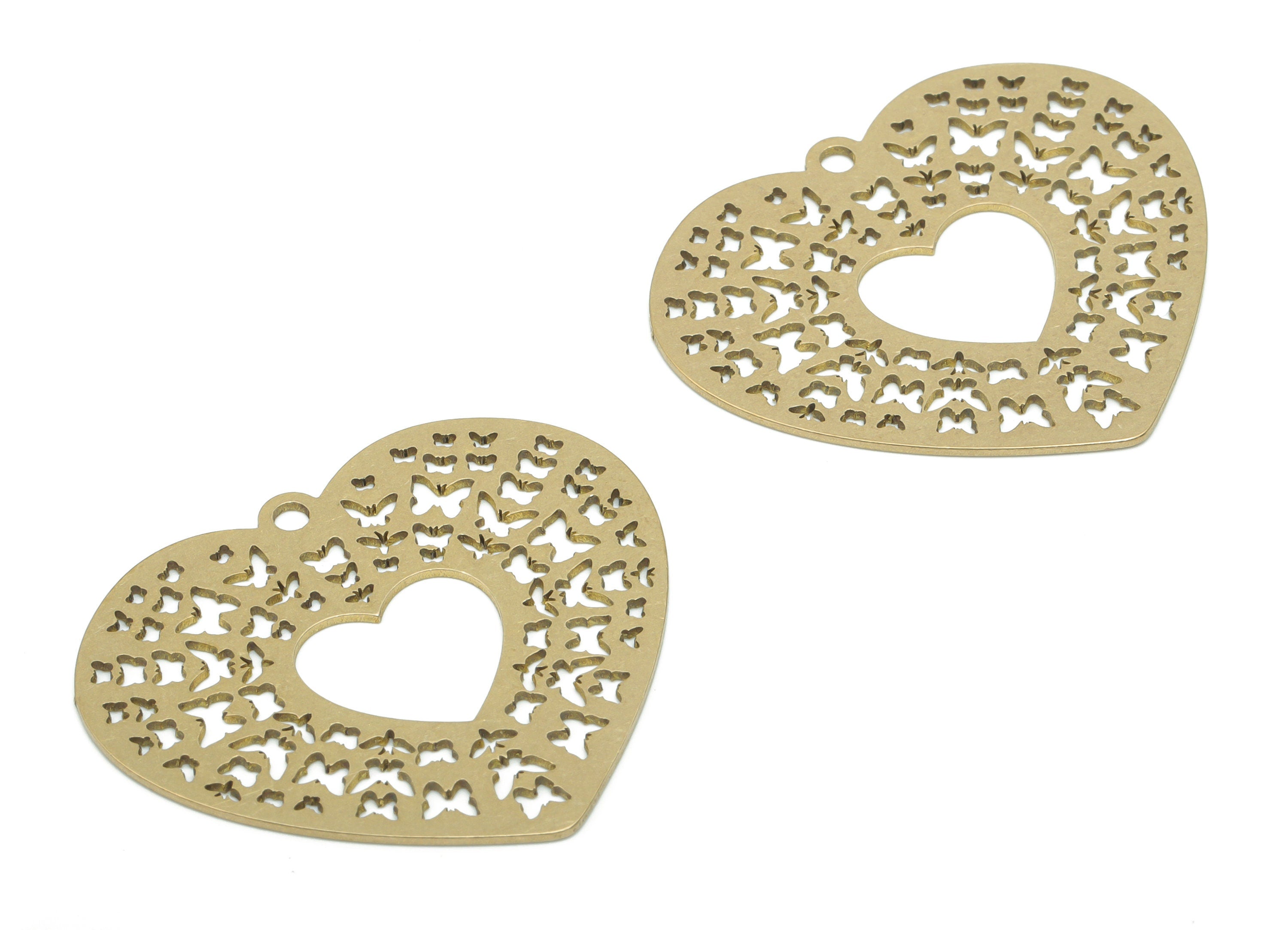 Brass Heart Butterflies Earring Charms - Raw Brass Butterflies Heart Pendant - DIY Jewelry Making Supplies - 35.73x30.77x0.62mm - PPA2896 - DOMEDBAZAAR