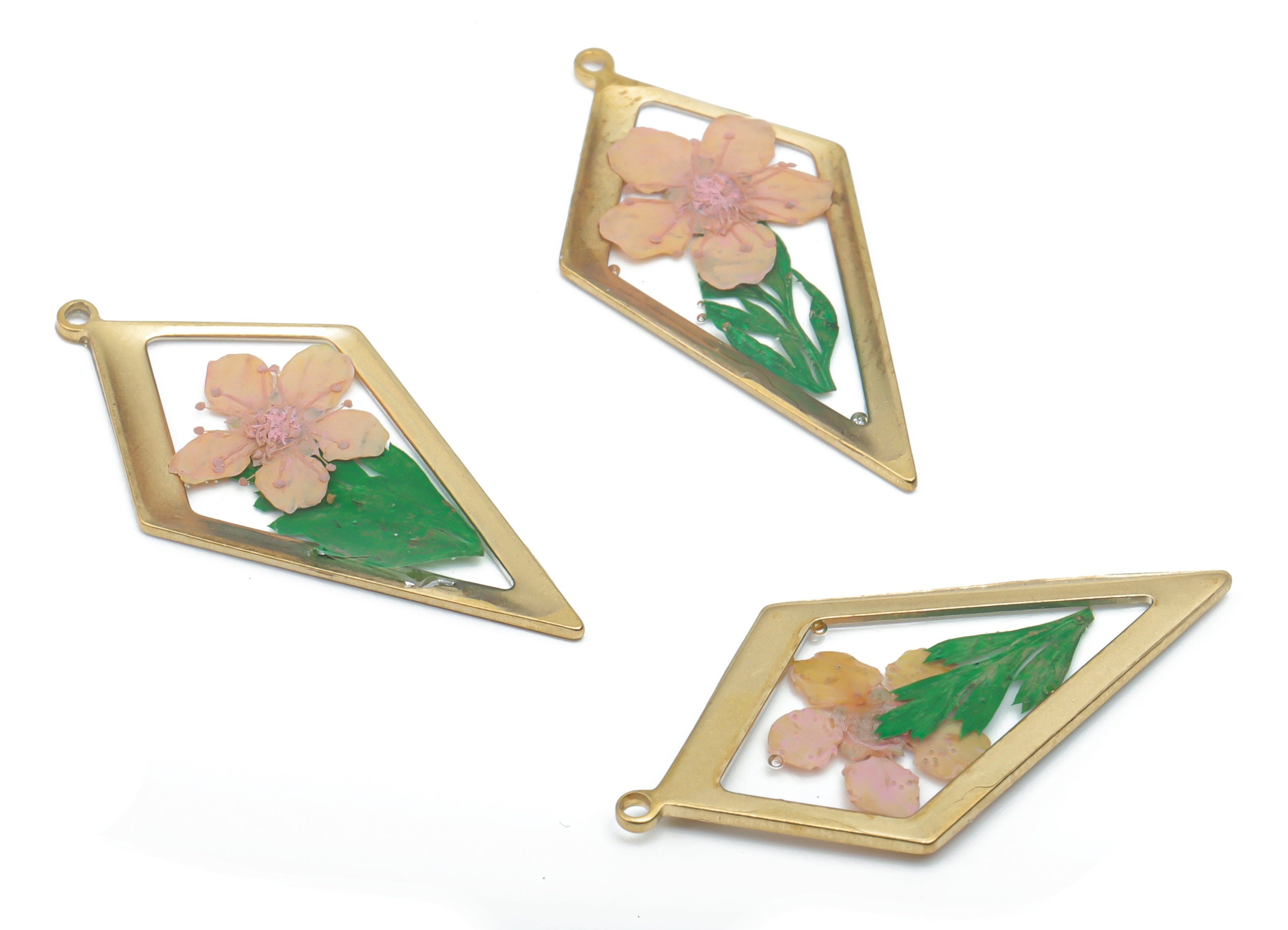 Brass Diamond Earring Charms - Resin Real Flower Pendant – Pink Flower Charm – Floral Resin Jewelry Charms - 28.39x14.02x1.26mm - RC1157 - DOMEDBAZAAR