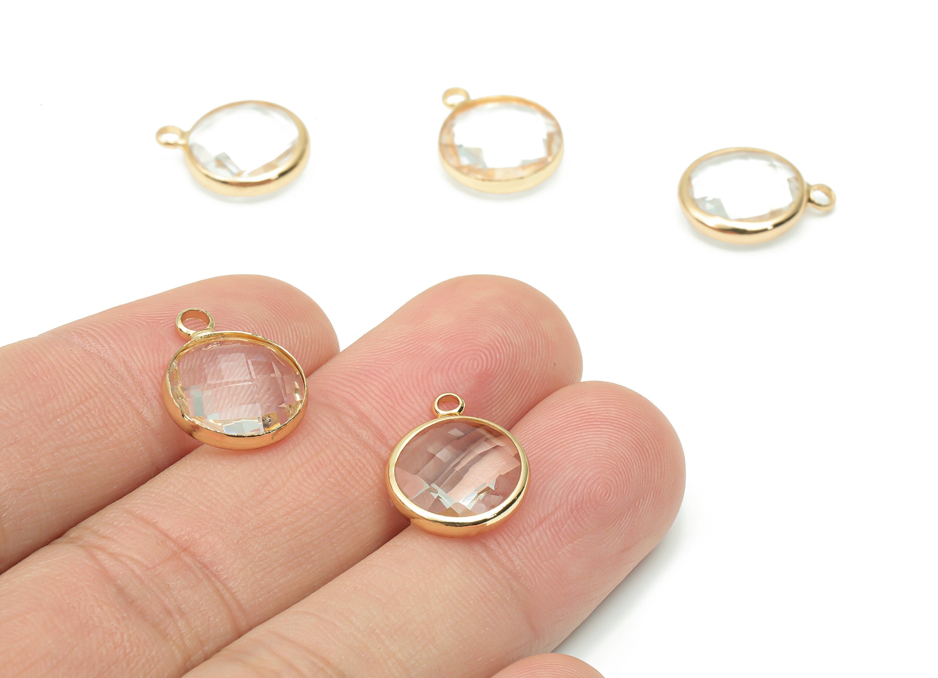 Glass Round Loop Earring Charms - Brass Circle Frame Pendant - Gold Tone Plated Brass - Faceted Glass - 15.5x12.5x4.8mm-GS1091 - DOMEDBAZAAR