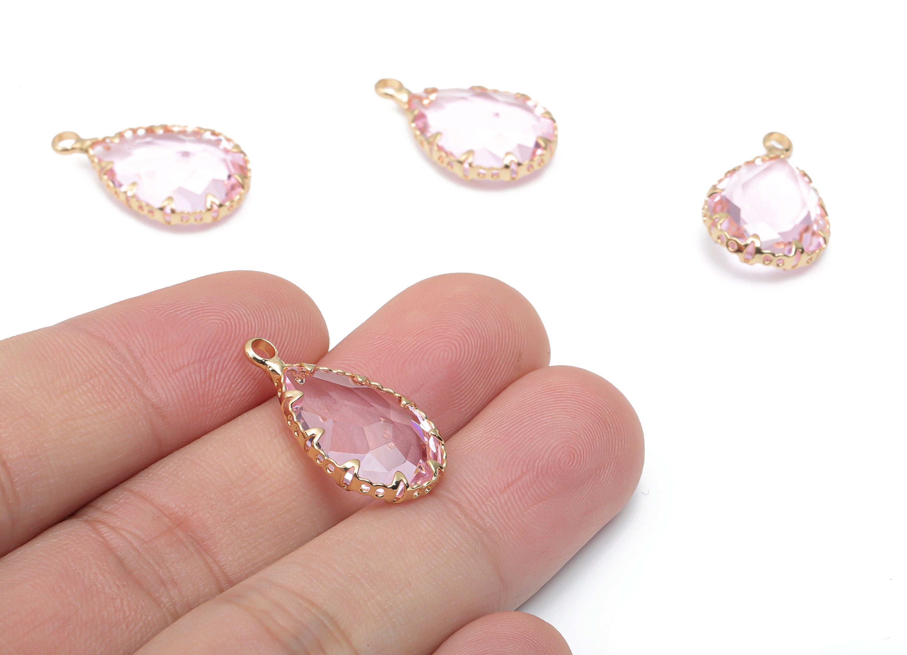 Glass Drop Earring Charms With Loop - Brass Teardrop Frame Pendant - Gold Tone Plated Brass - Faceted Glass - 23.79x13.7x6.17mm - GS1124A - DOMEDBAZAAR