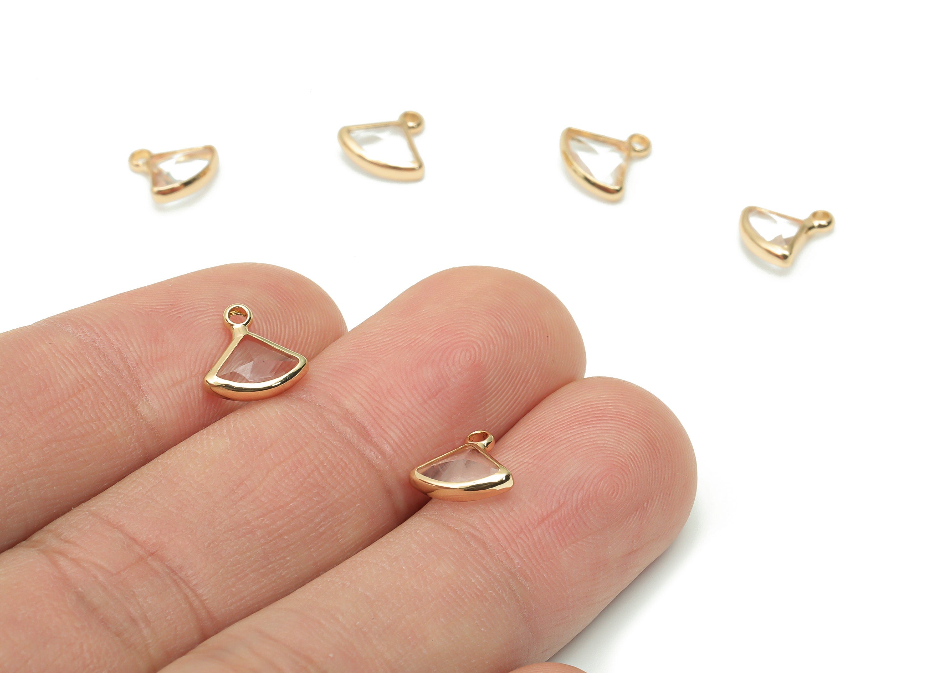 Glass Mini Triangle Loop Earring Charms - Brass Mini Fan Frame Pendant - Gold Tone Plated Brass - Faceted Glass - 9.15x9.08x3.24mm - GS1093 - DOMEDBAZAAR