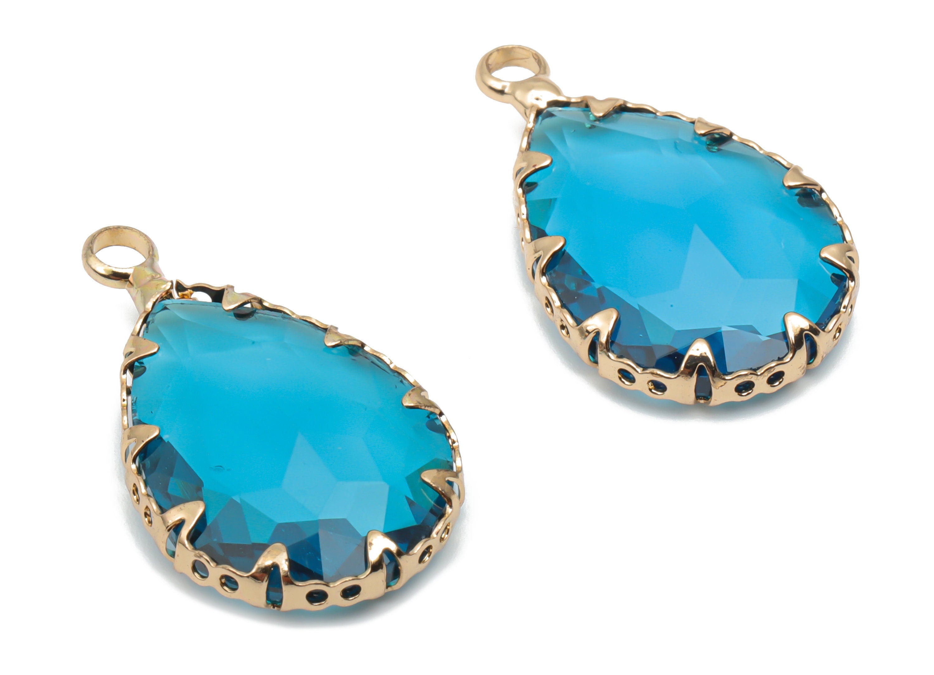 Glass Drop Earring Charms With Loop - Brass Teardrop Frame Pendant - Gold Tone Plated Brass - Faceted Glass - 23.79x13.7x6.17mm - GS1124B - DOMEDBAZAAR