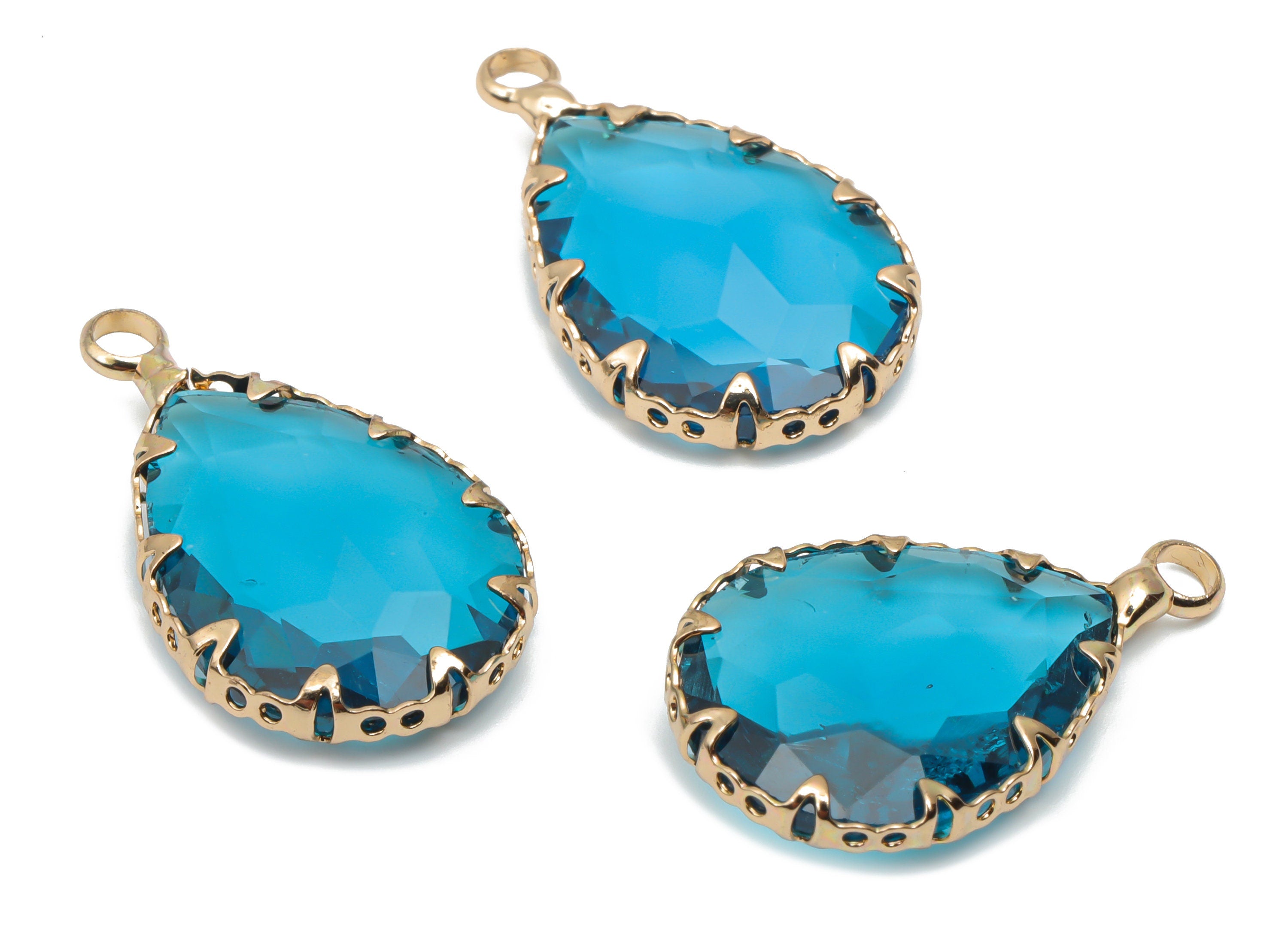 Glass Drop Earring Charms With Loop - Brass Teardrop Frame Pendant - Gold Tone Plated Brass - Faceted Glass - 23.79x13.7x6.17mm - GS1124B - DOMEDBAZAAR