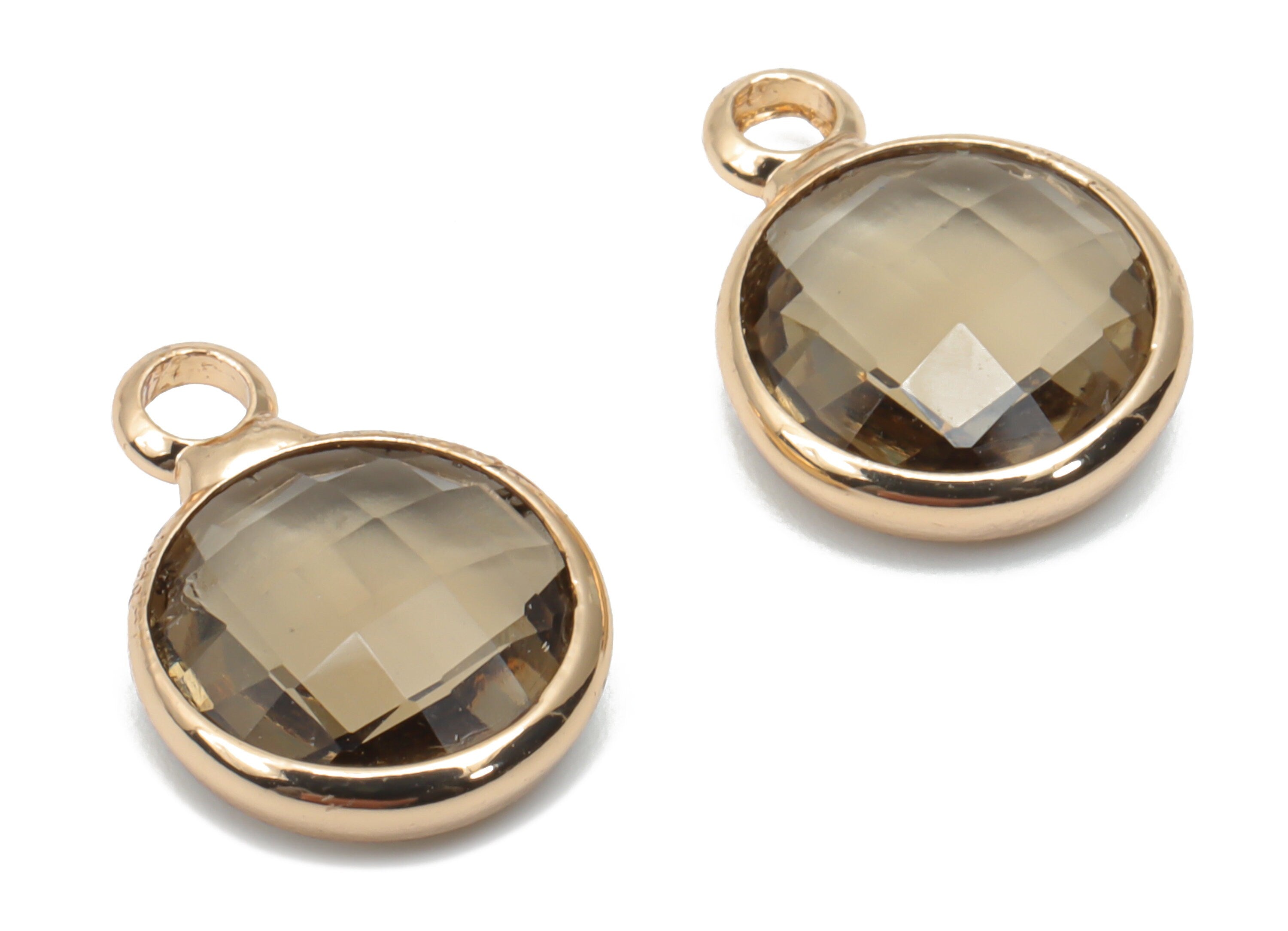 Glass Round Earring Charms With Loop - Brass Circle Frame Pendant - Gold Tone Plated Brass - Faceted Glass - 11.59x8.72x3.75mm - GS1120H - DOMEDBAZAAR