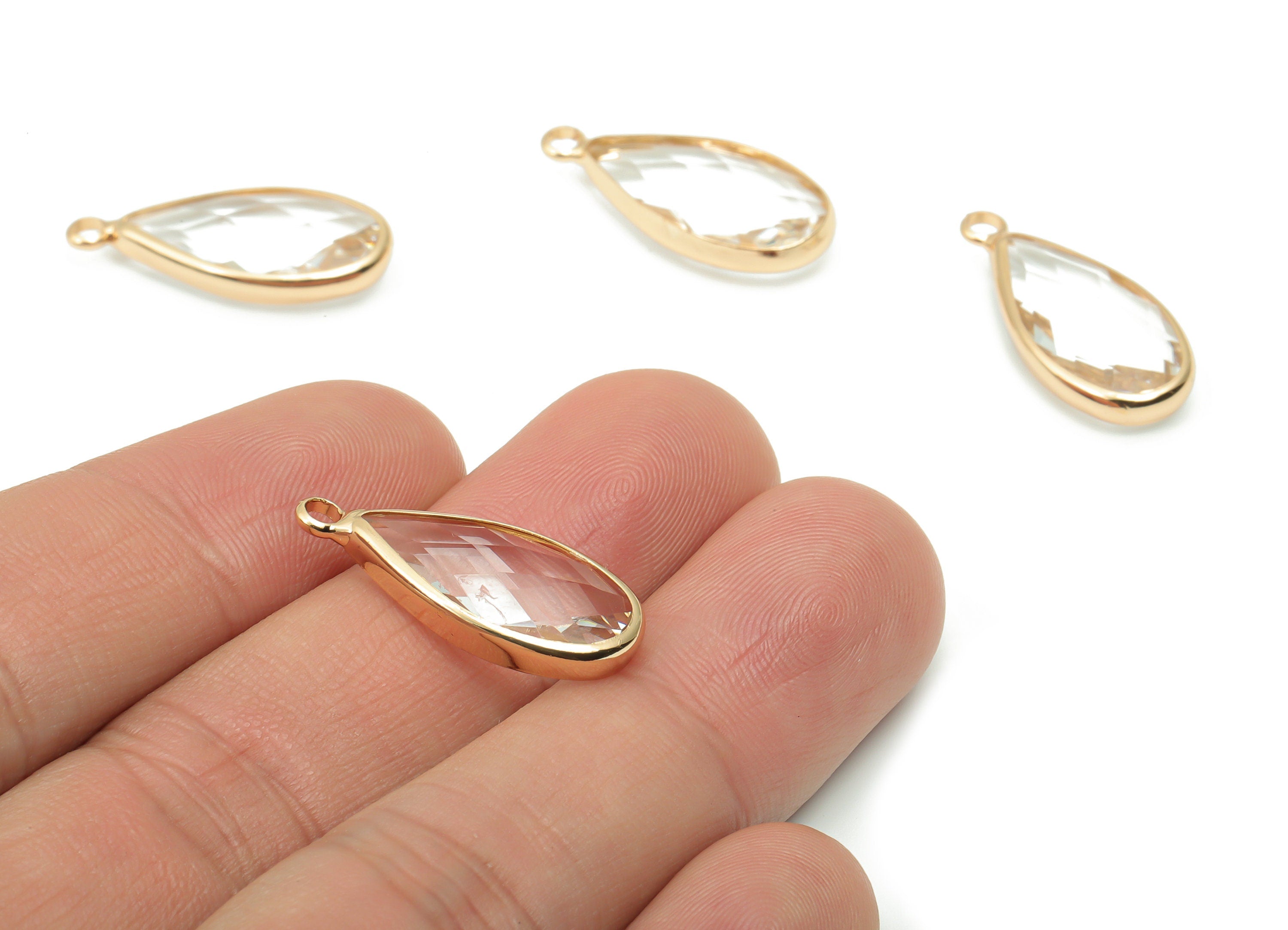 Glass Drop Loop Earring Charms - Brass Teardrop Frame Pendant - Gold Tone Plated Brass - Faceted Glass - 24.13x10.58x4.84mm - GS1089 - DOMEDBAZAAR
