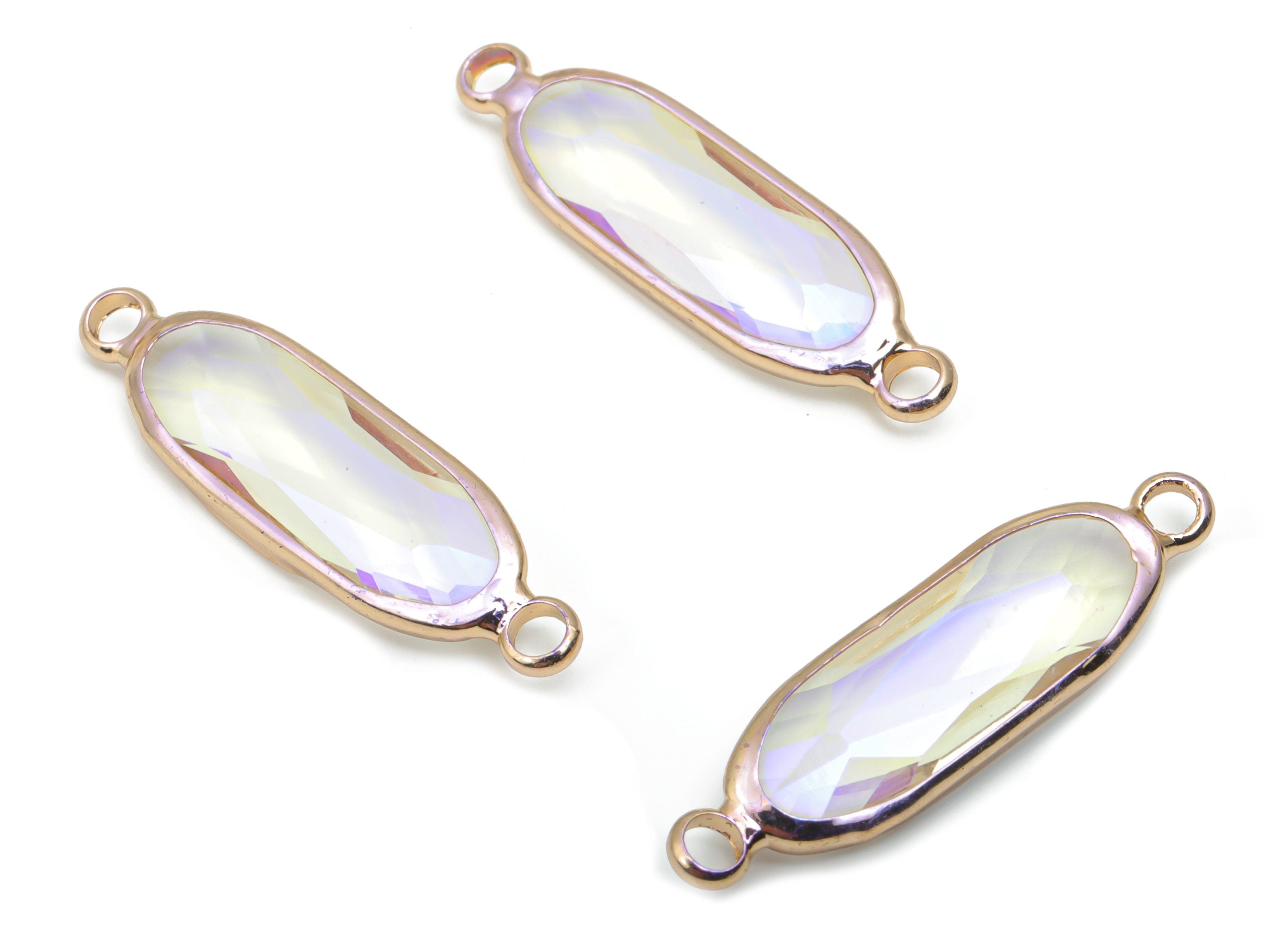 Glass Oval Earring Connector - Brass Oval Frame Charms - Bracelet Connector - Gold Tone Plated Brass - Faceted Glass - 29x7.7x5mm - GS1119B - DOMEDBAZAAR
