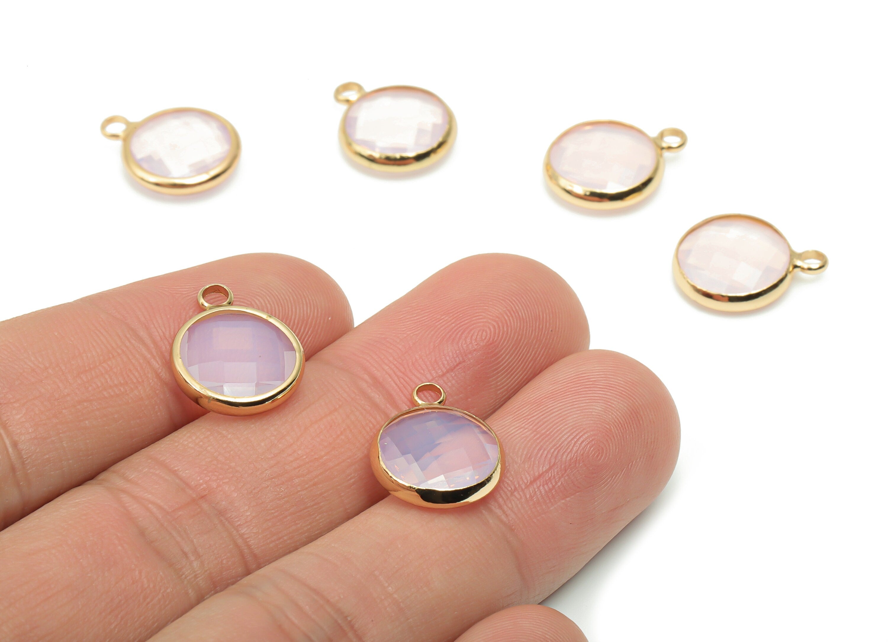 Glass Round Loop Earring Charms - Brass Circle Frame Pendant - Gold Tone Plated Brass - Faceted Glass - 15.87x12.71x4.06mm - GS1096 - DOMEDBAZAAR
