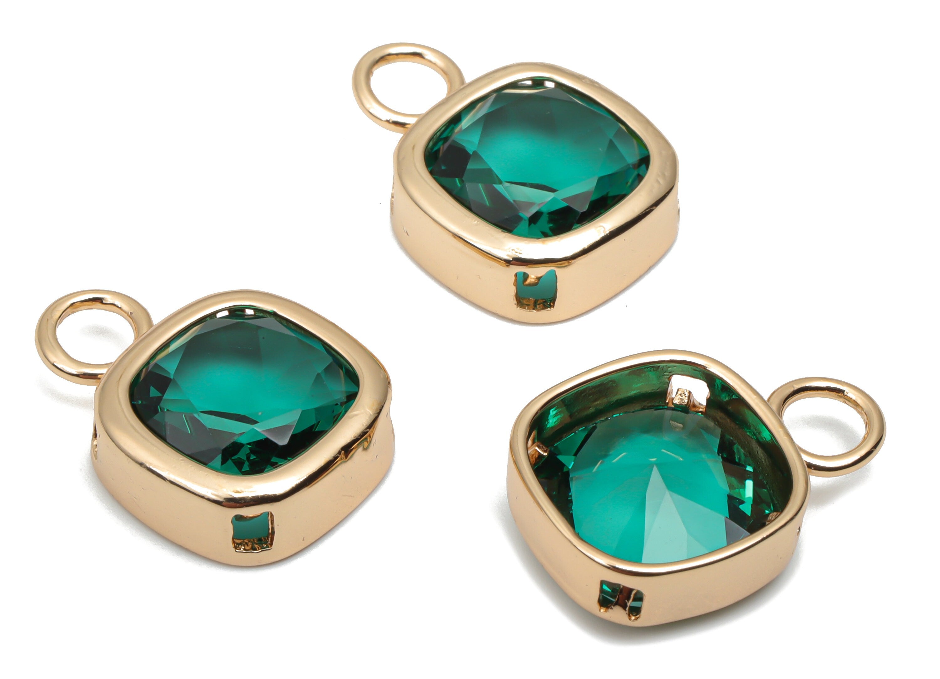 Glass Square Earring Charms With Loop - Brass Square Frame Pendant - Gold Tone Plated Brass - Faceted Glass - 17.42x12.02x5.52mm - GS1123B - DOMEDBAZAAR