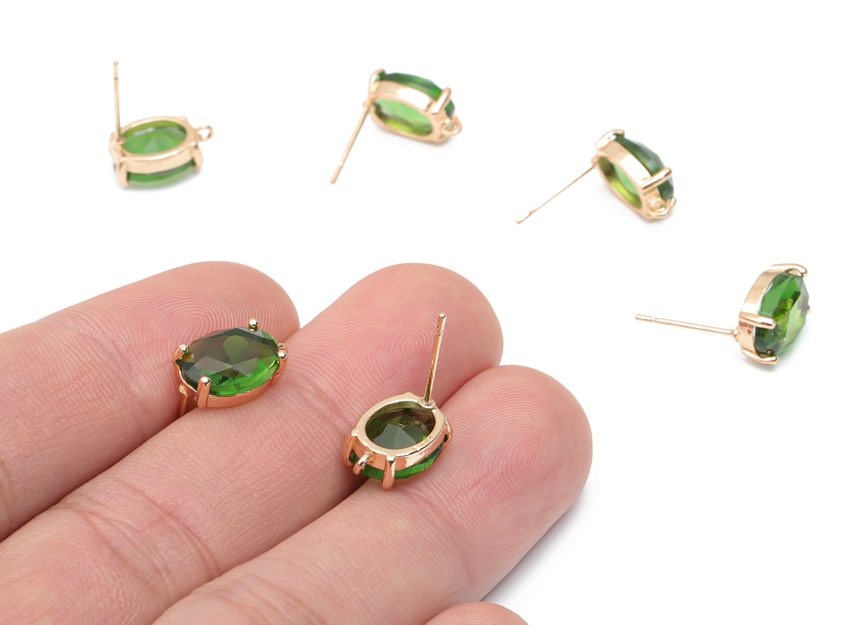 Glass Oval Earring Stud - Brass Oval Earring Post - Gold Tone Plated Brass - Faceted Glass - Jewelry Supplies - 12.36x8.14x4.51mm - GS1126E - DOMEDBAZAAR