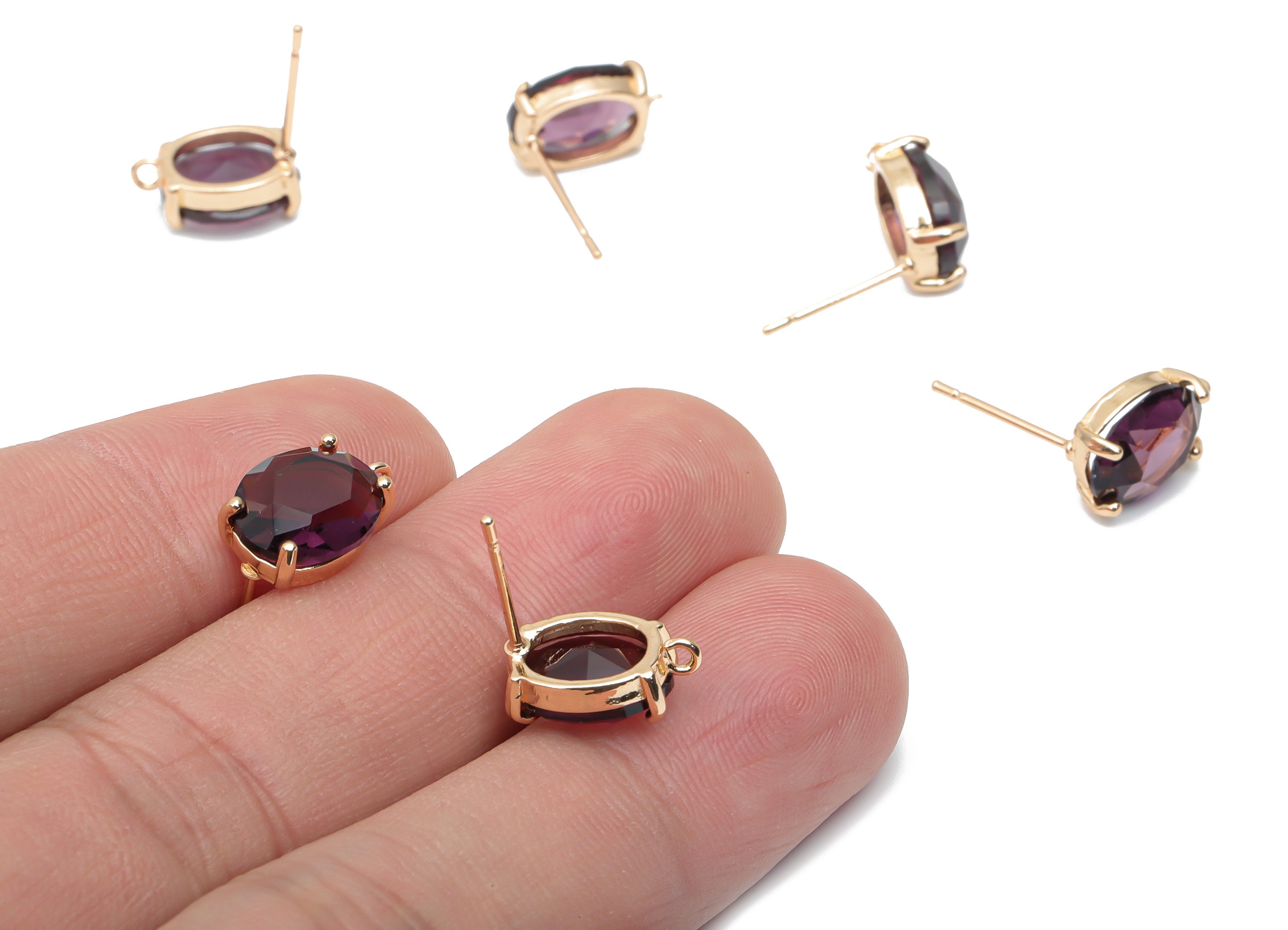 Glass Oval Earring Stud - Brass Oval Earring Post - Gold Tone Plated Brass - Faceted Glass - Jewelry Supplies - 12.36x8.14x4.51mm - GS1126G - DOMEDBAZAAR