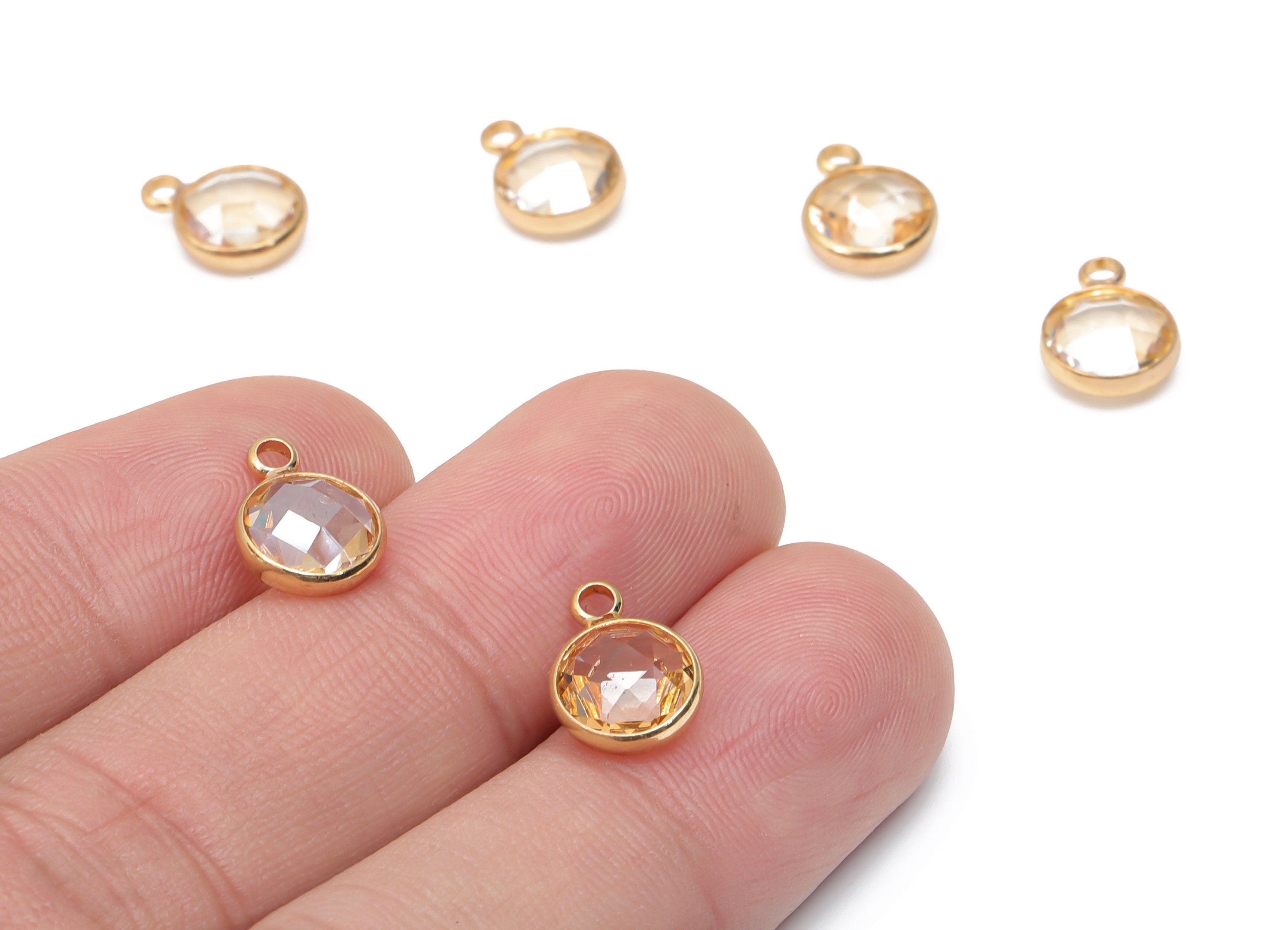 Glass Round Earring Charms With Loop - Brass Circle Frame Pendant - Gold Tone Plated Brass - Faceted Glass - 11.59x8.72x3.75mm - GS1120D - DOMEDBAZAAR