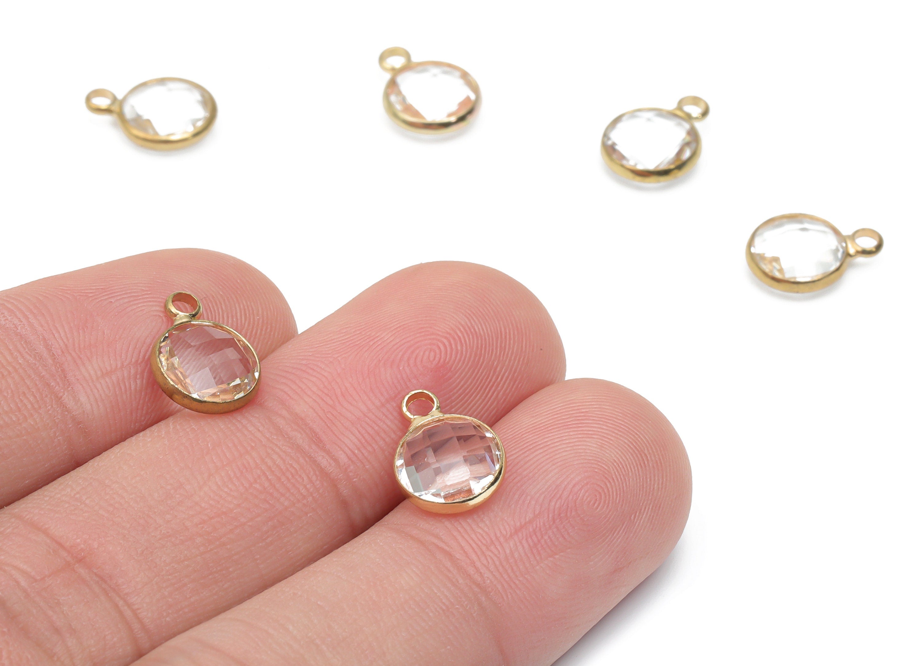 Glass Round Earring Charms With Loop - Brass Circle Frame Pendant - Gold Tone Plated Brass - Faceted Glass - 11.59x8.72x3.75mm - GS1120E - DOMEDBAZAAR