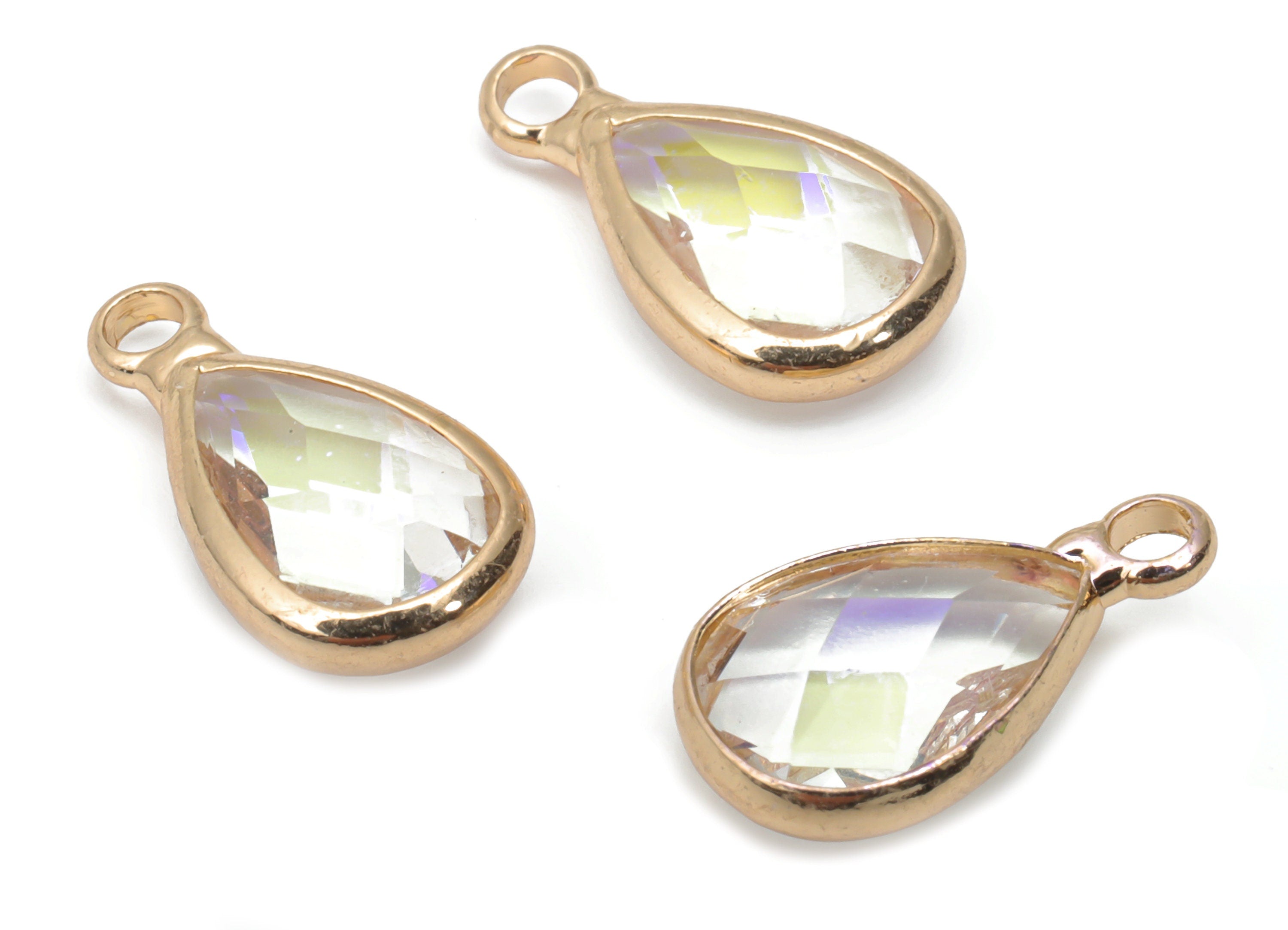 Glass Drop Earring Charms - Brass Teardrop Frame Pendant - Gold Tone Plated Brass - Faceted Glass - 13.82x7.62x3.98mm - GS1121D - DOMEDBAZAAR