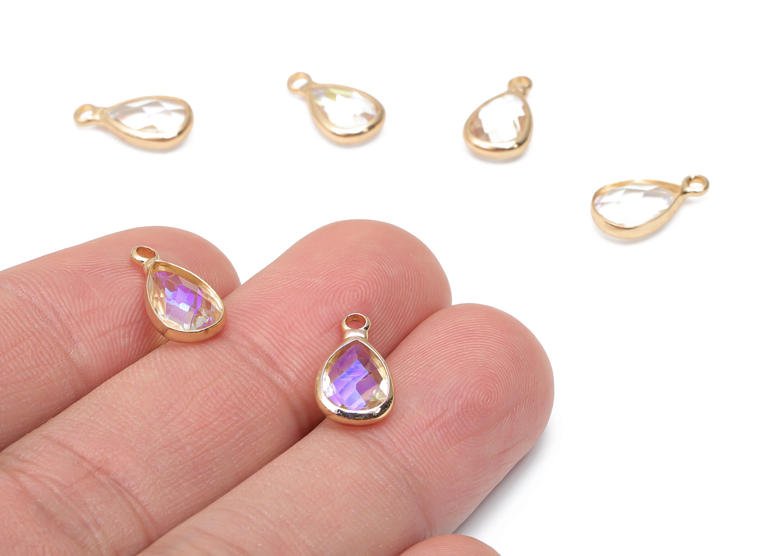 Glass Drop Earring Charms - Brass Teardrop Frame Pendant - Gold Tone Plated Brass - Faceted Glass - 13.82x7.62x3.98mm - GS1121D - DOMEDBAZAAR