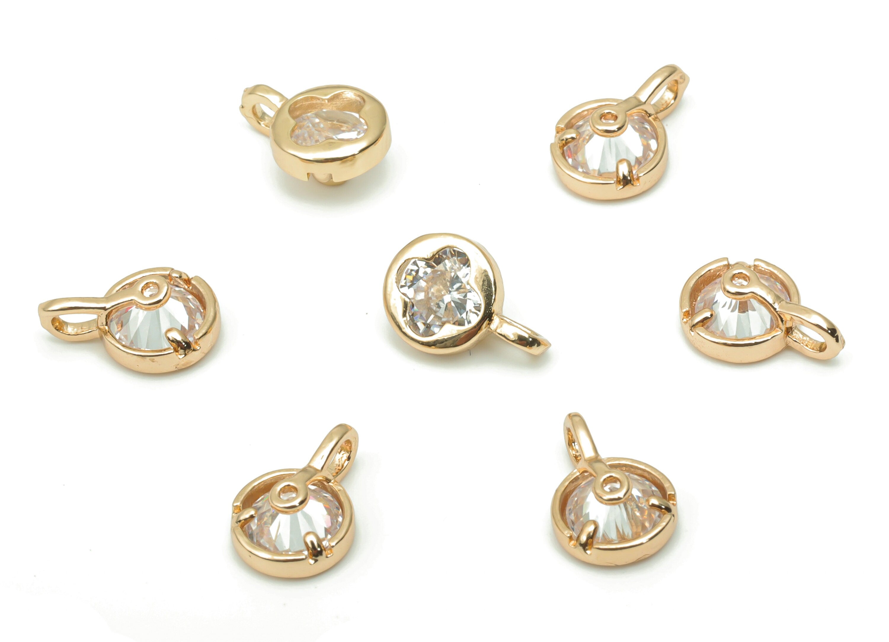 Glass Mini Round Flower Loop Earring Charms - Brass Mini Flower Frame Pendant - Gold Tone Plated Brass - Faceted Glass - 9.2x6x4mm - GS1094C - DOMEDBAZAAR