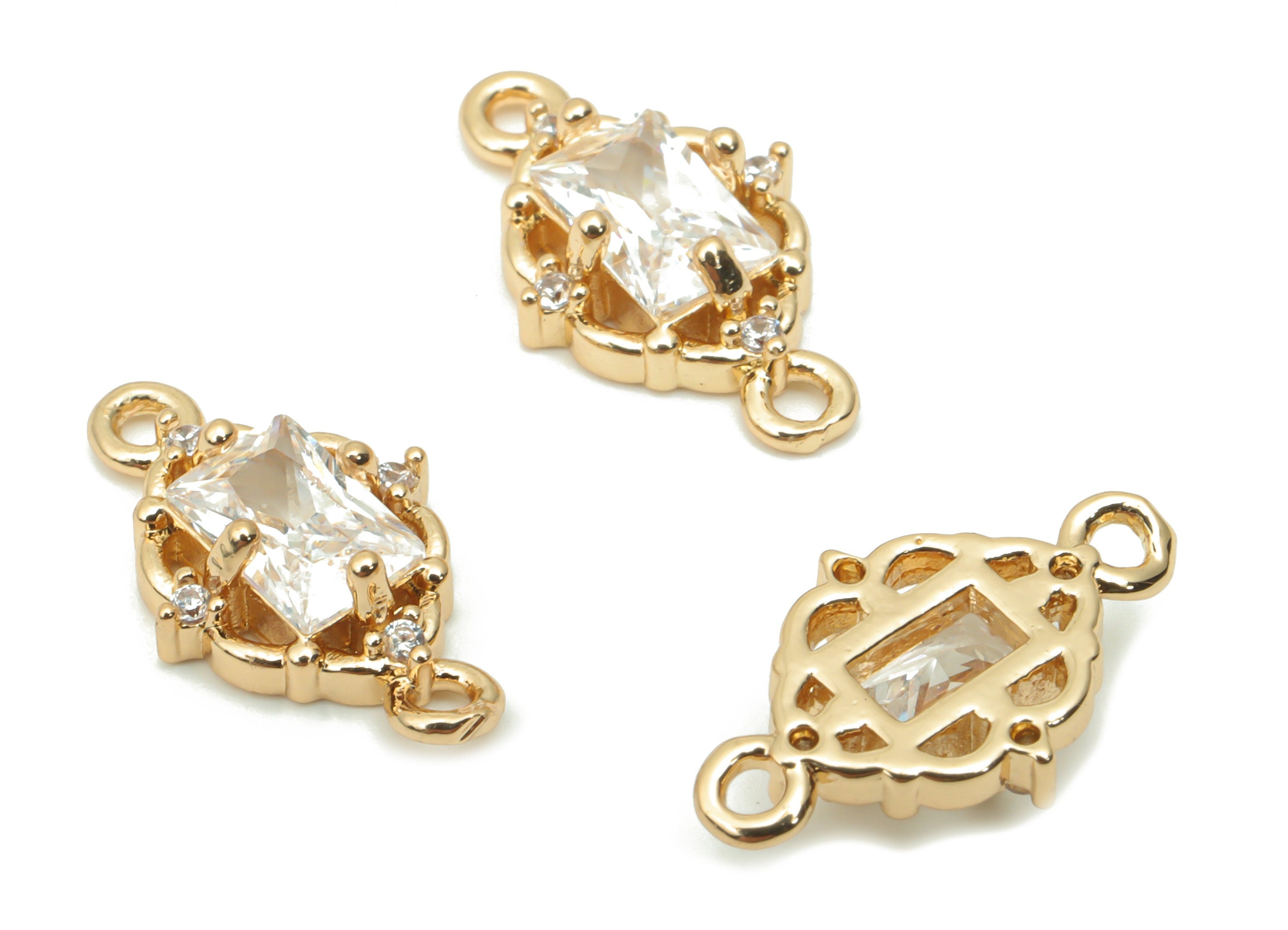 Glass Rectangle Bracelet Earring Connector - Brass Flower Frame Charms - Gold Tone Plated Brass - Faceted Glass - 15.13x8.74x3.7mm - GS1088 - DOMEDBAZAAR