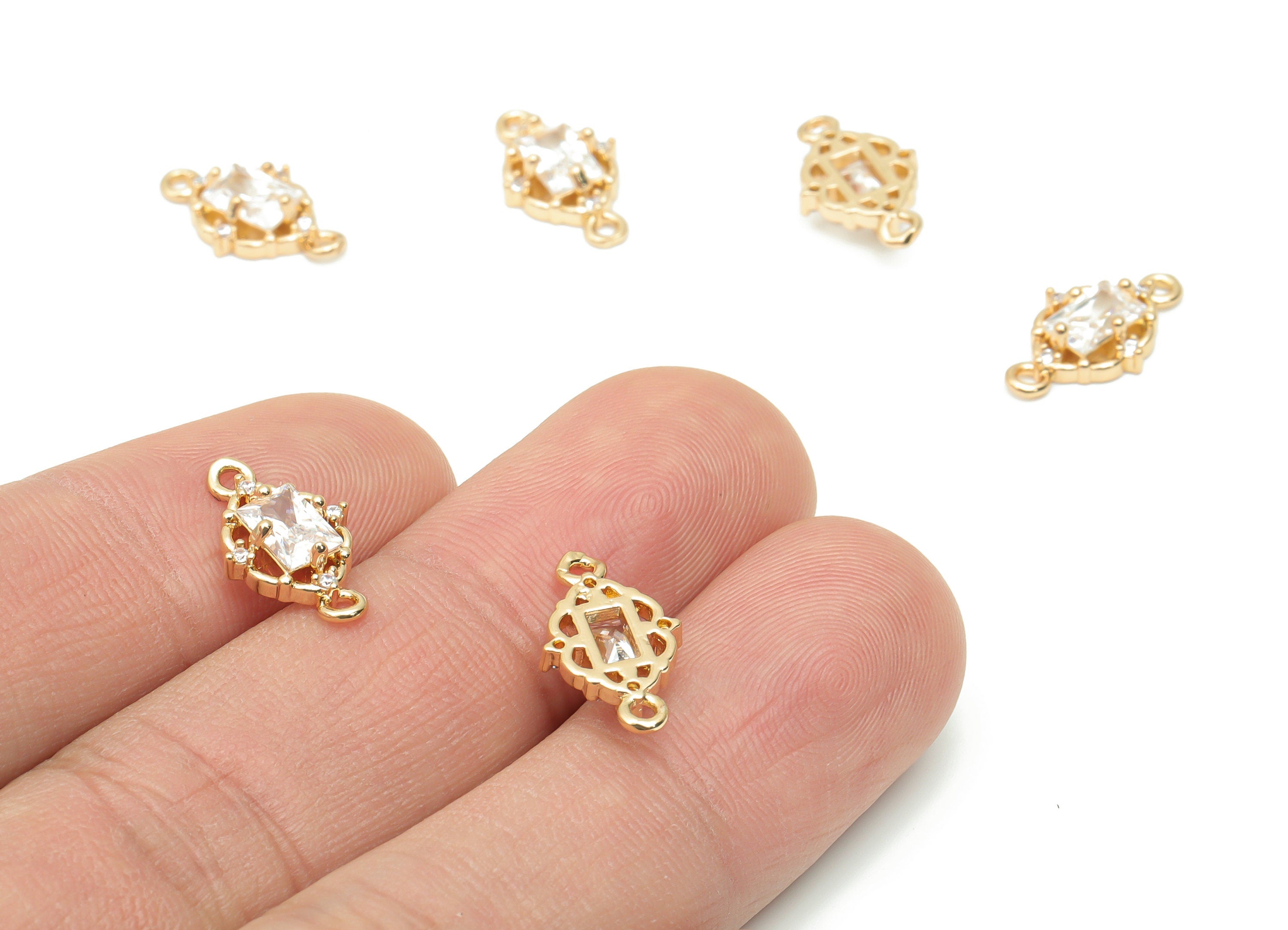 Glass Rectangle Bracelet Earring Connector - Brass Flower Frame Charms - Gold Tone Plated Brass - Faceted Glass - 15.13x8.74x3.7mm - GS1088 - DOMEDBAZAAR