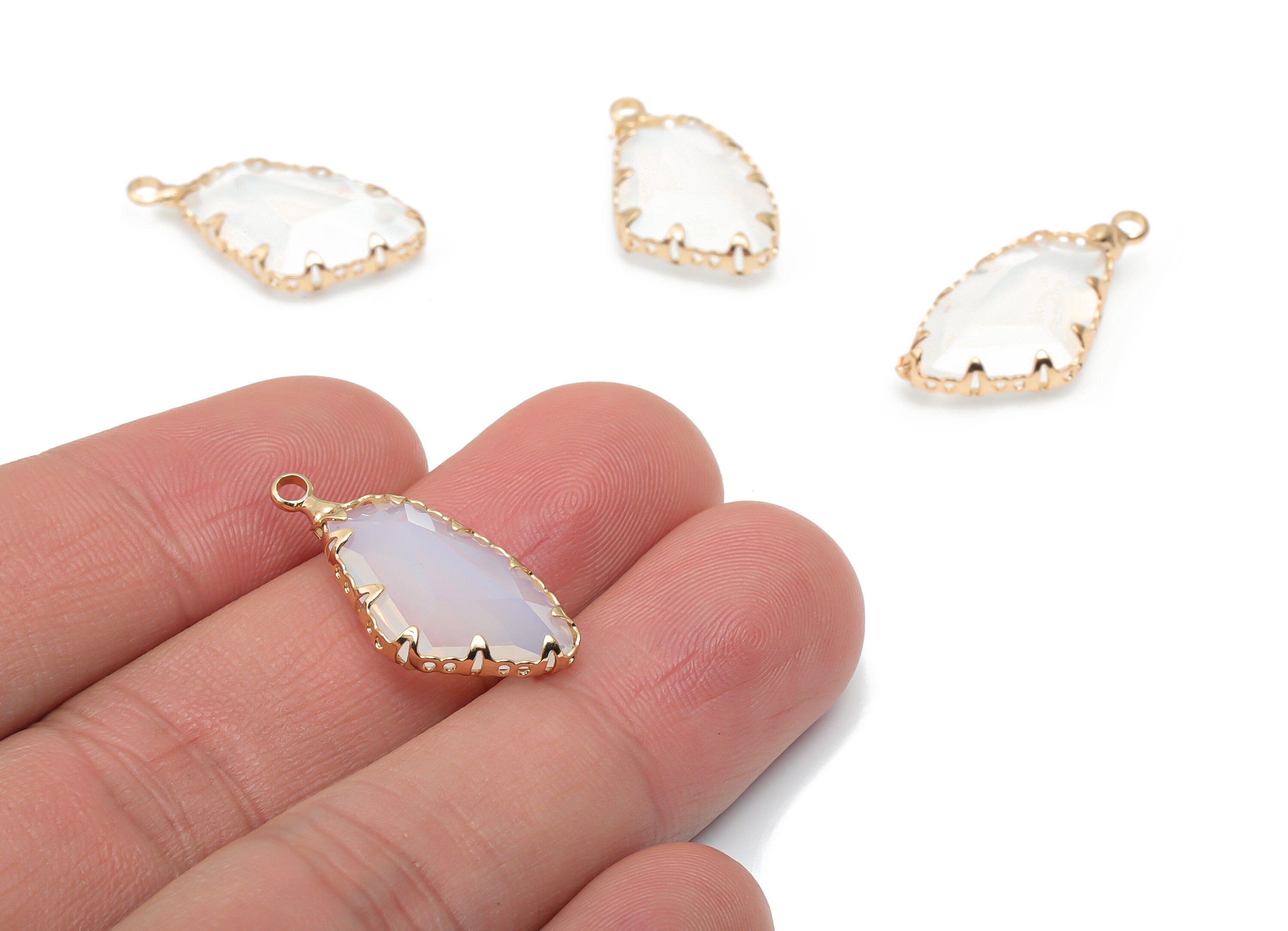 Glass Geometry Earring Charms With Loop - Brass Irregular Frame Pendant - Gold Tone Plated Brass - Faceted Glass - 24.56x11.98x5.6mm- GS1117 - DOMEDBAZAAR