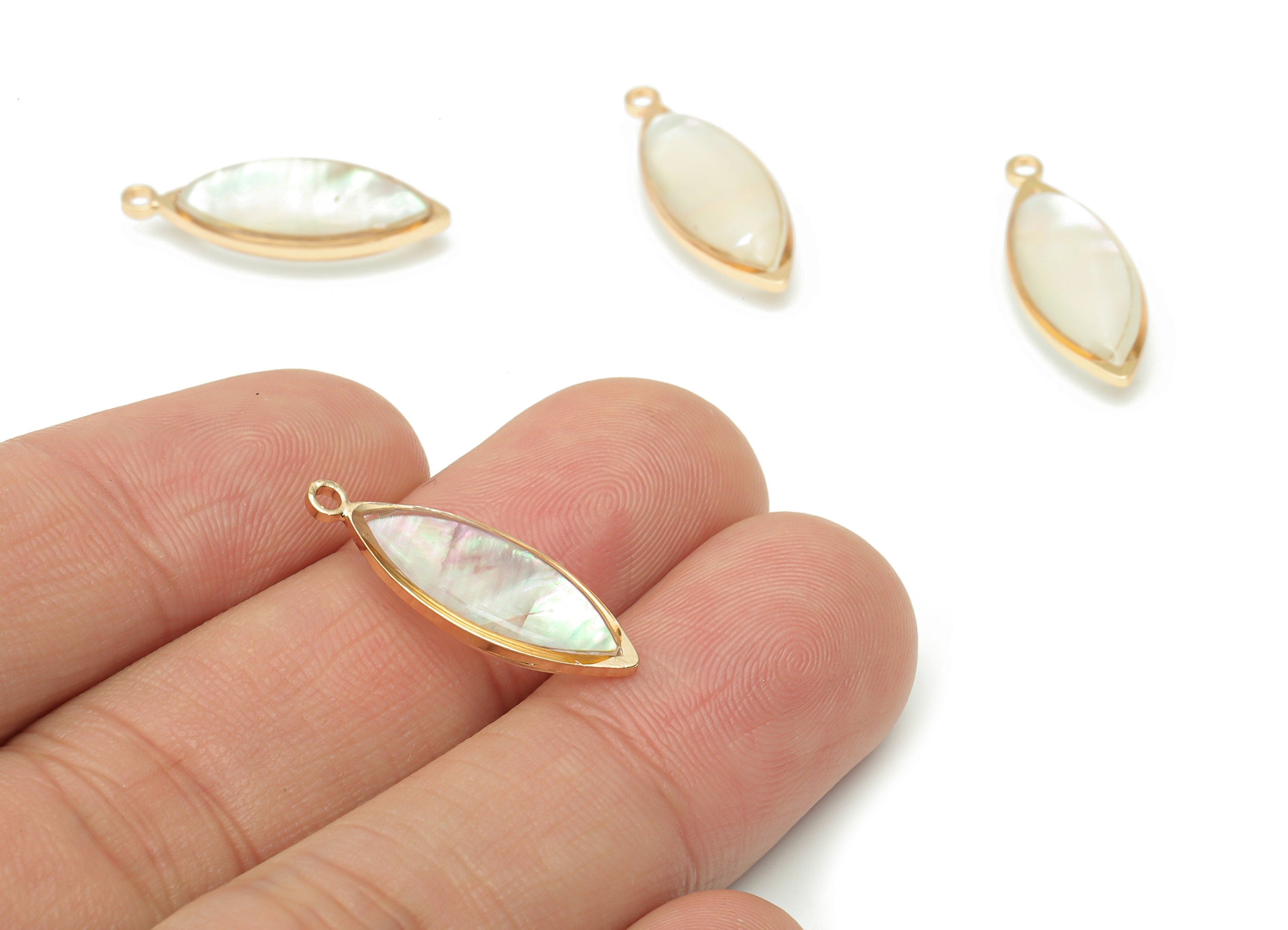 Shell Long Oval Earring Charms - Shell Marquise Pendant - Gold Tone Plated Brass - Jewelry Supplies - 22.32x8.21x5.43mm- SF1136 - DOMEDBAZAAR