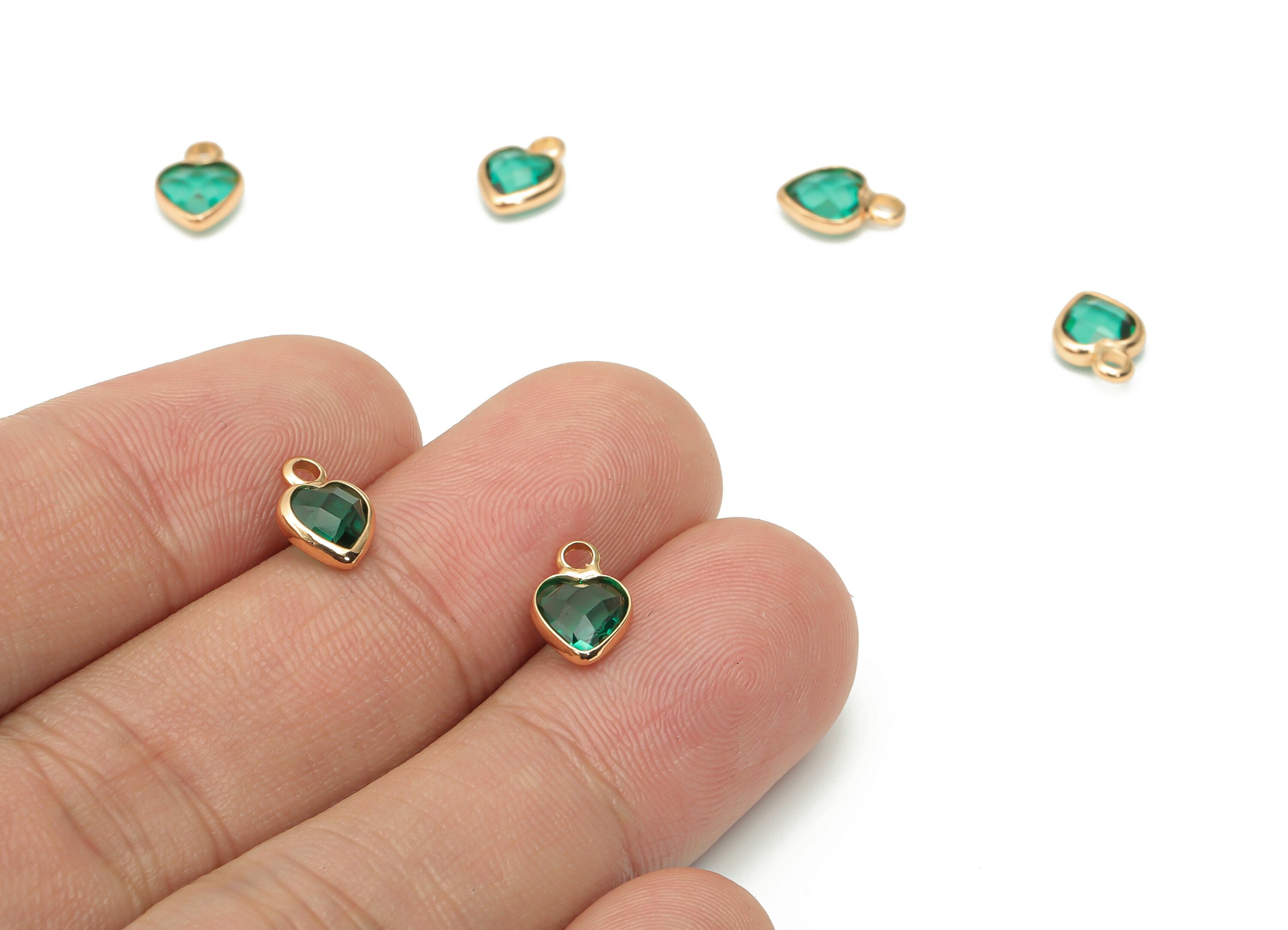 Glass Mini Heart Loop Earring Charms - Brass Mini Heart Frame Pendant - Gold Tone Plated Brass - Faceted Glass - 9.24x6.61x2.98mm - GS1102D - DOMEDBAZAAR