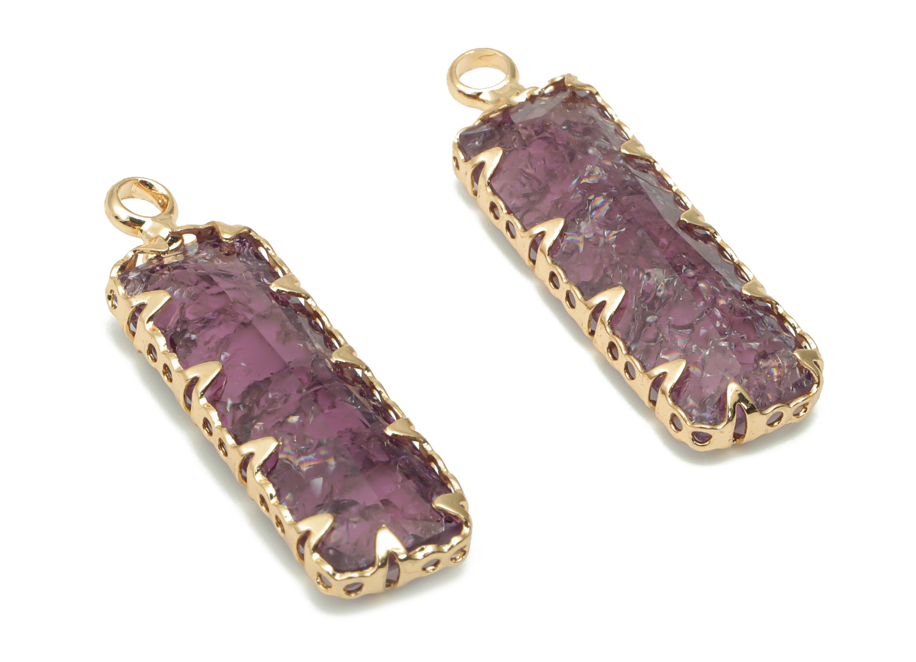 Glass Rectangle Earring Charms with Loop - Brass Rectangle Frame Pendant - Gold Tone Plated Brass - Faceted Glass - 26.3x8.2x4.4mm - GS1113A - DOMEDBAZAAR