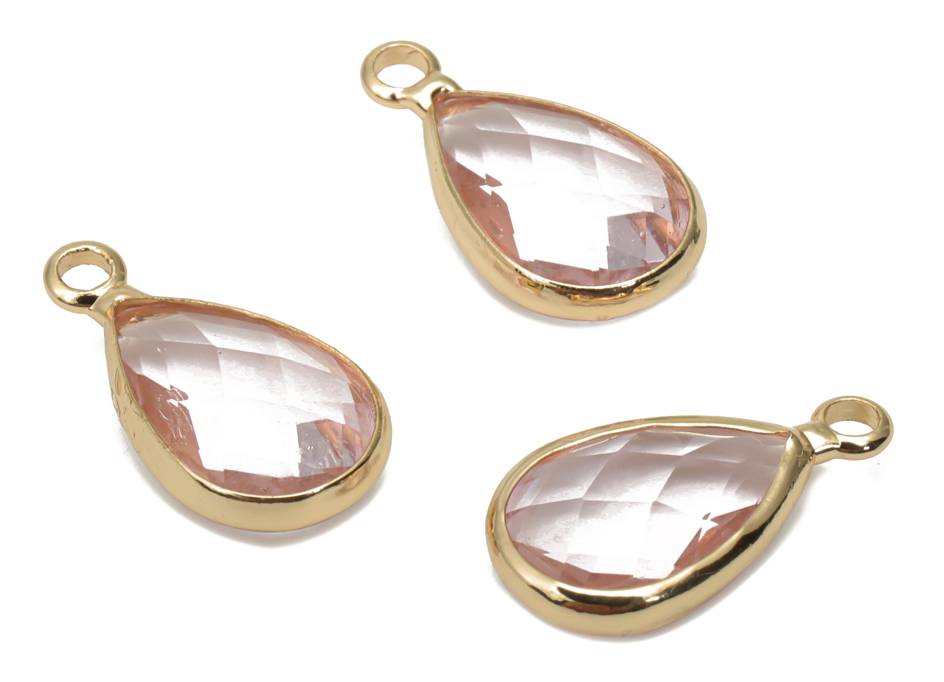 Glass Faceted Drop Loop Earring Charms - Brass Teardrop Frame Pendant - Gold Tone Plated Brass - Faceted Glass - 15.4x8.47x4.24mm - GS1099E - DOMEDBAZAAR