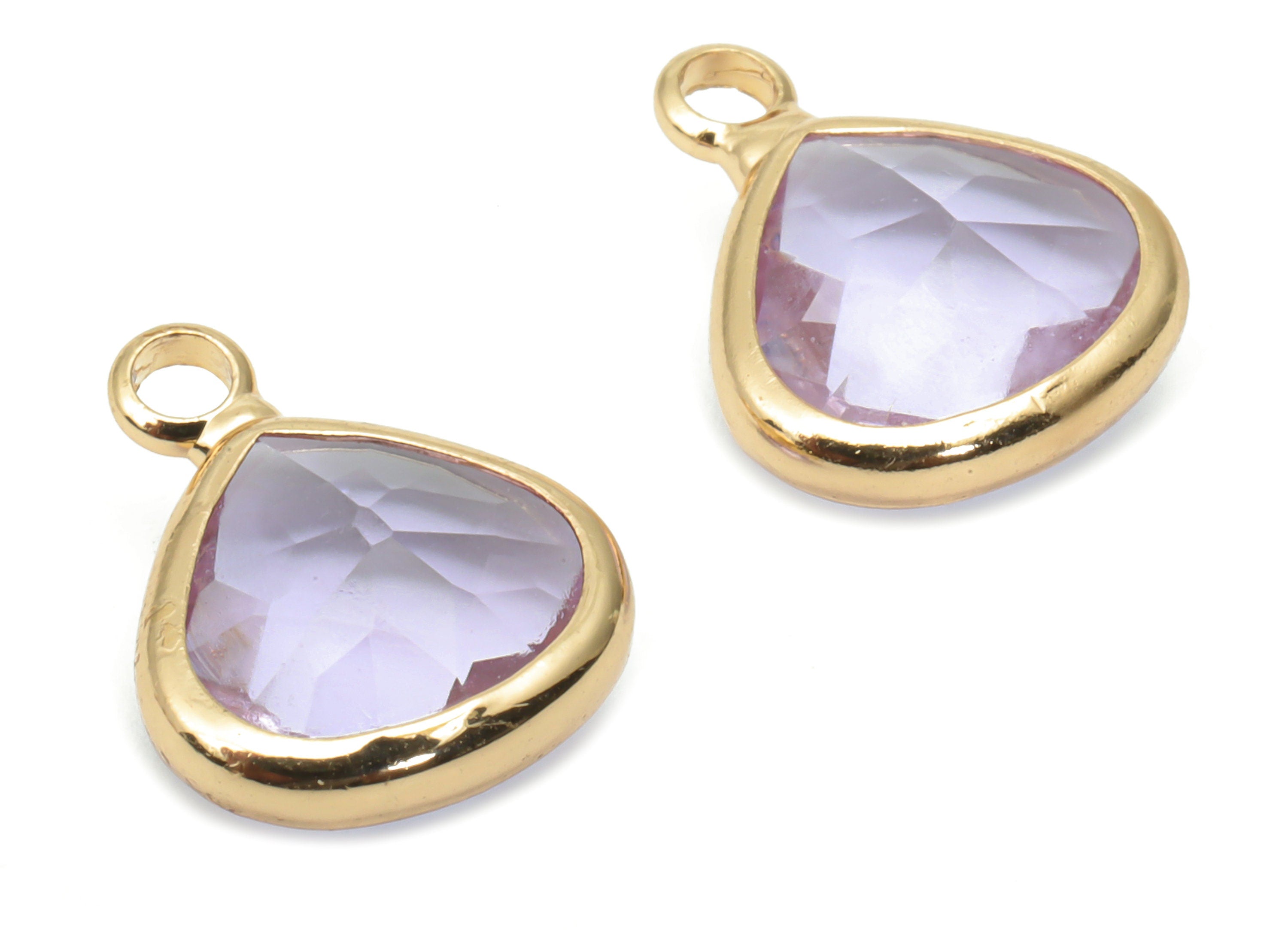 Glass Drop Loop Earring Charms - Brass Teardrop Frame Pendant - Gold Tone Plated Brass - Faceted Glass - 12.67x10.24x5.19mm - GS1101D - DOMEDBAZAAR