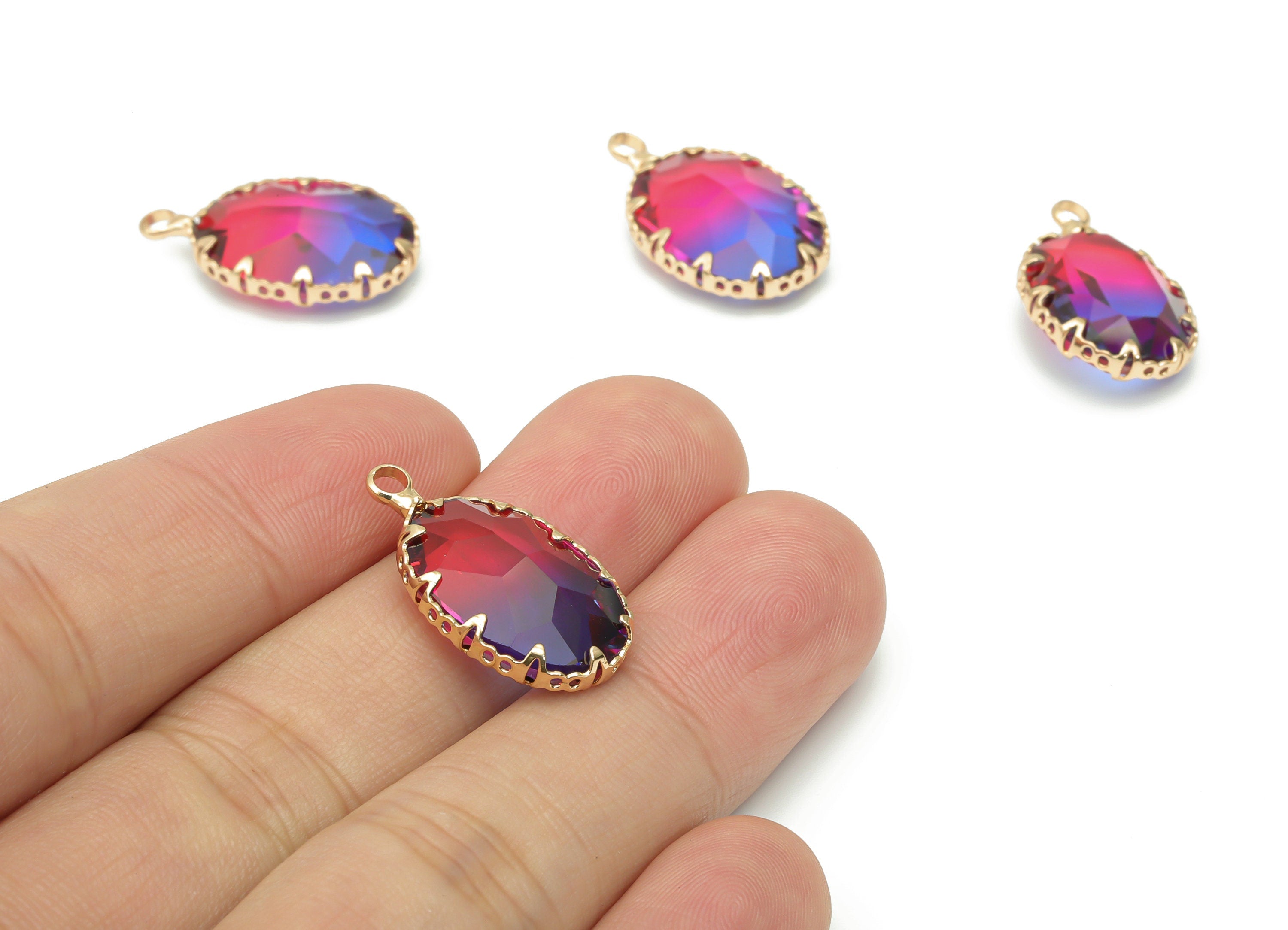 Glass Faceted Oval Charms with Loop - Brass Rainbow Oval Frame Pendant - Gold Tone Plated Brass - Faceted Glass - 22.5x13.59x6.2mm - GS1115D - DOMEDBAZAAR