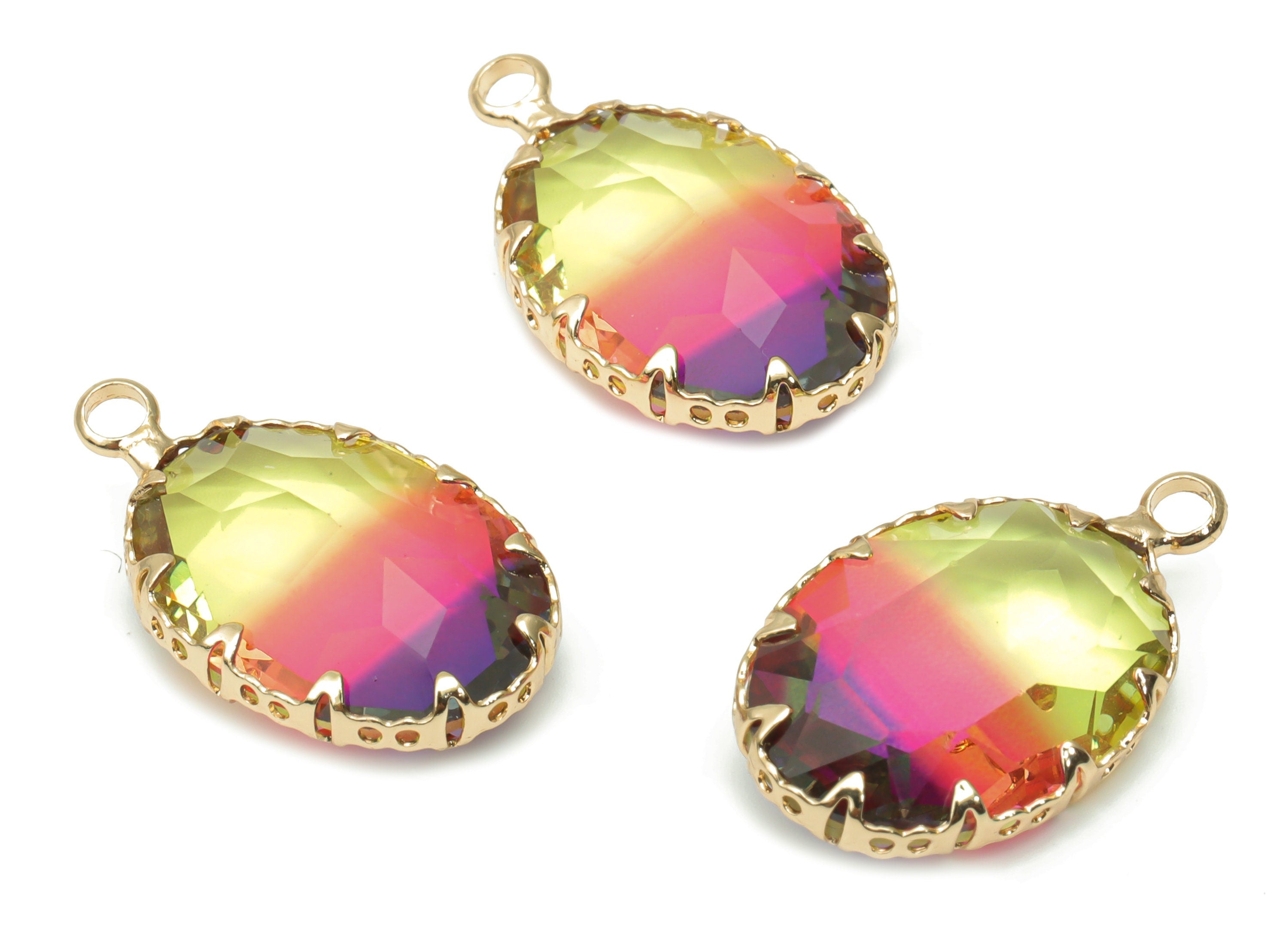 Glass Faceted Oval Earring With Loop - Brass Rainbow Oval Frame Pendant - Gold Tone Plated Brass - Faceted Glass - 22.5x13.6x6.2mm - GS1115B - DOMEDBAZAAR