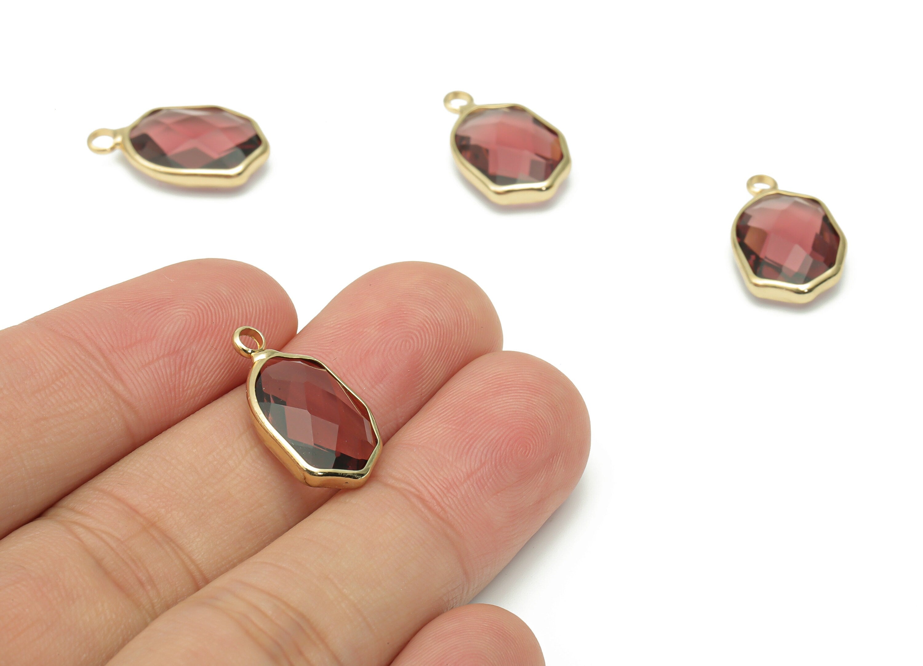 Glass Geometry Loop Earring Charms  - Brass Irregular Frame Pendant - Gold Tone Plated Brass - Faceted Glass - 19.86x11.97x5mm - GS1109C - DOMEDBAZAAR
