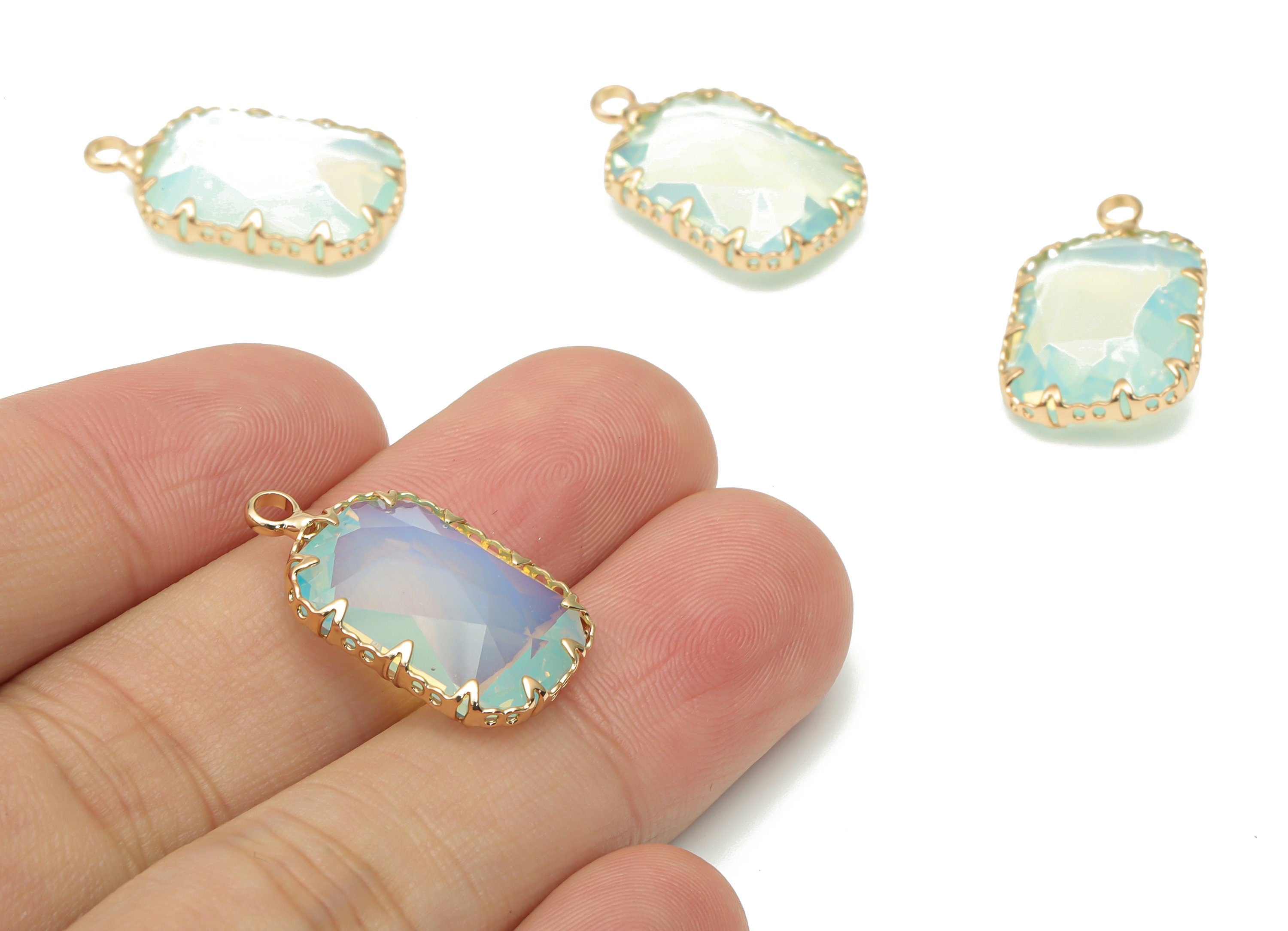 Glass Faceted Rectangle Charms with Loop - Brass Rectangle Frame Pendant - Gold Tone Plated Brass - Faceted Glass - 23.2x14.4x6.2mm- GS1114B - DOMEDBAZAAR