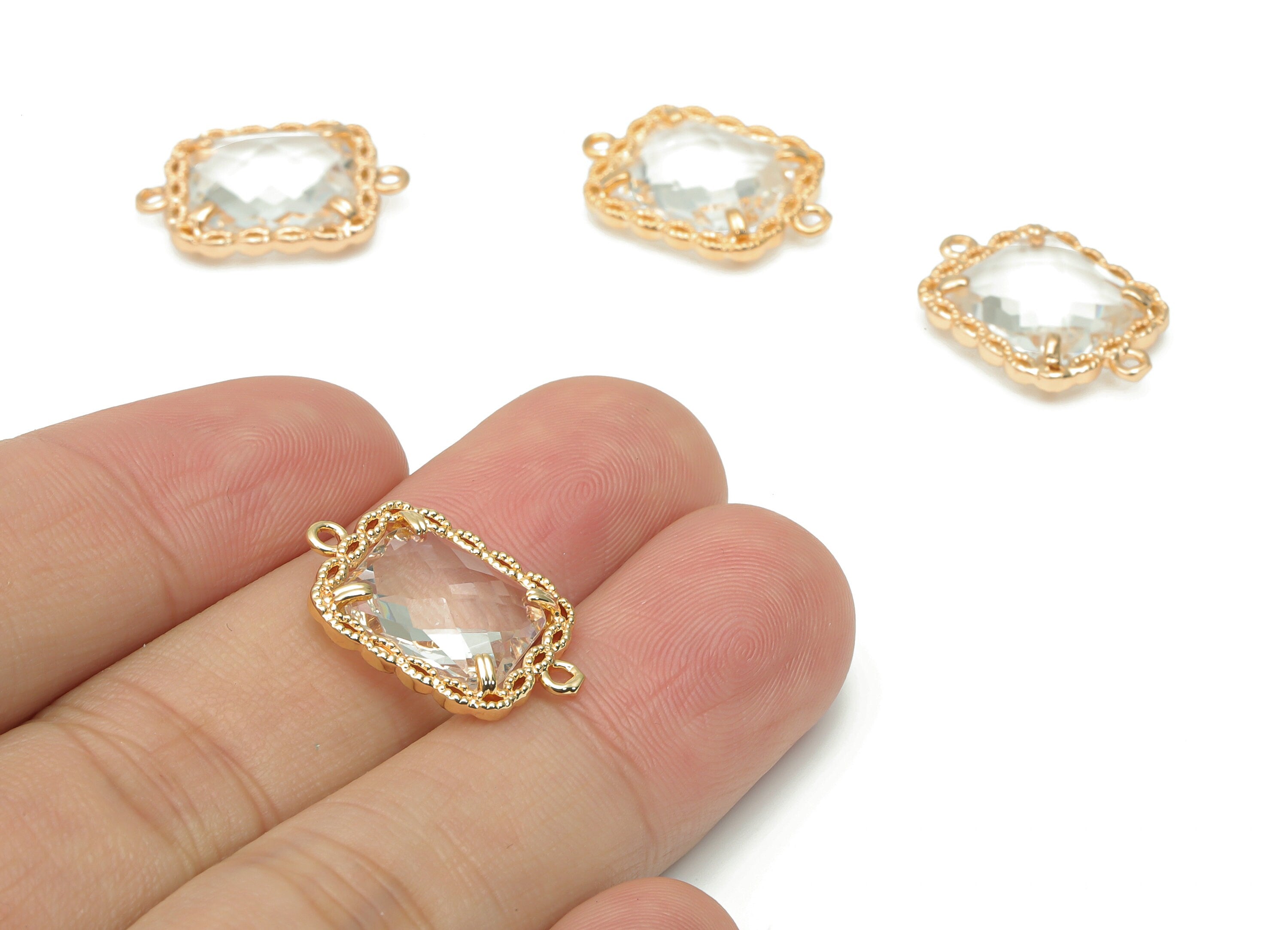 Glass Square Earring Bracelet With Loop - Brass Square Connector - Gold Tone Plated Brass - Faceted Glass - 20.33x14.2x4.8mm - GS1098 - DOMEDBAZAAR