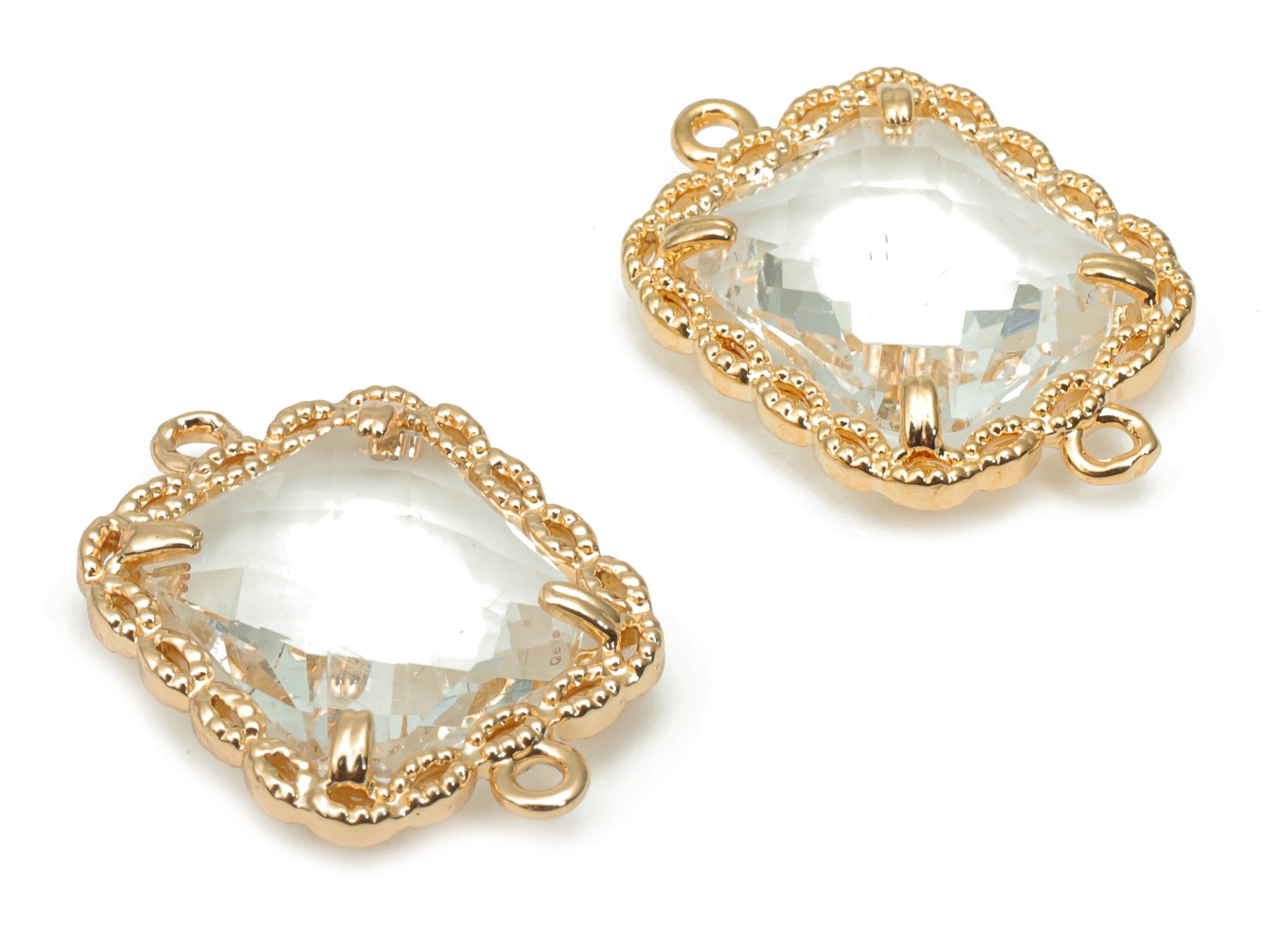 Glass Square Earring Bracelet With Loop - Brass Square Connector - Gold Tone Plated Brass - Faceted Glass - 20.33x14.2x4.8mm - GS1098 - DOMEDBAZAAR