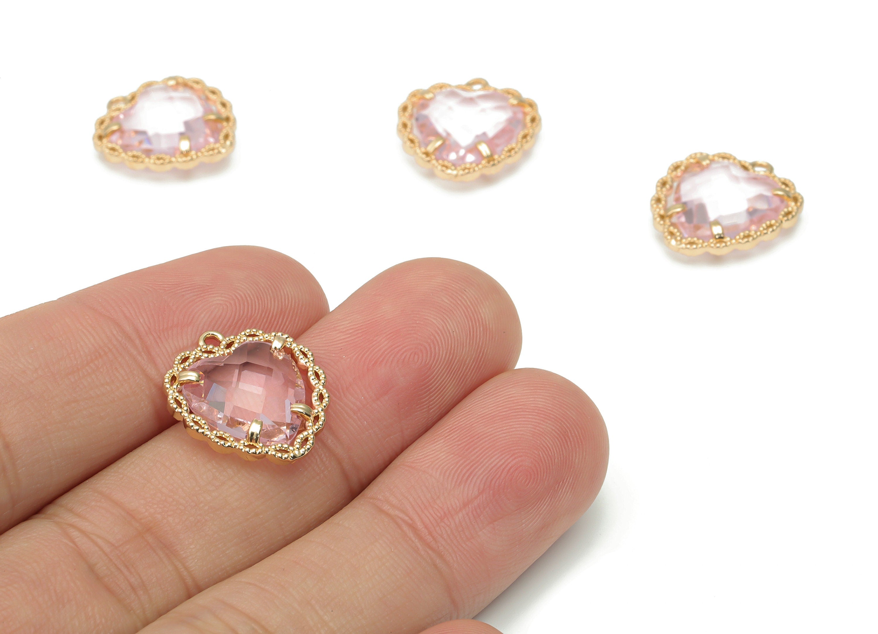 Glass Heart Earring Charms With Loop - Brass Heart Frame Pendant - Gold Tone Plated Brass - Faceted Glass - 17.9x15.86x5.17mm - GS1097A - DOMEDBAZAAR