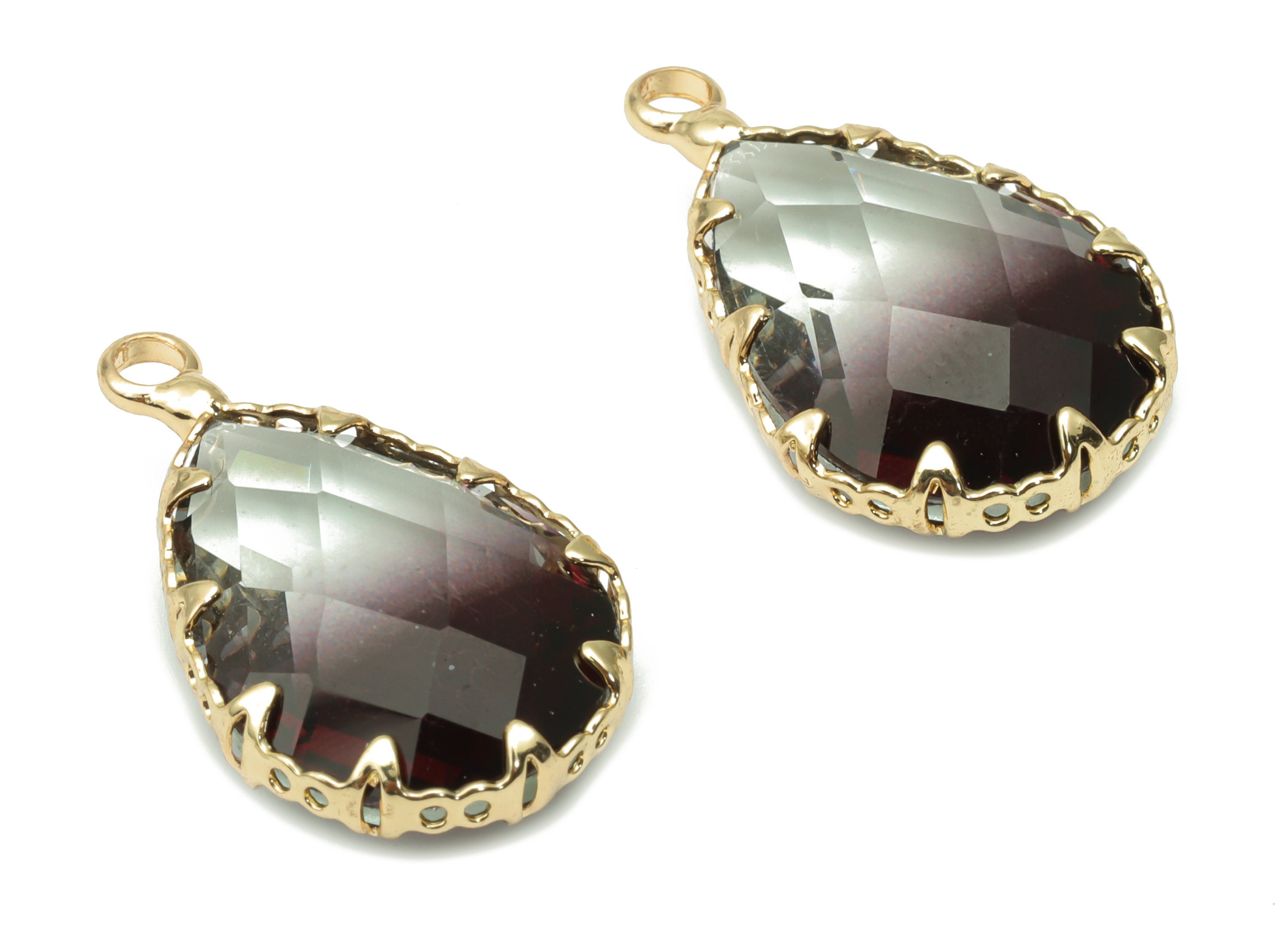Glass Faceted Drop Charms with Loop - Brass Teardrop Frame Pendant - Gold Tone Plated Brass - Faceted Glass - 23.1x13.93x6.86mm - GS1116A - DOMEDBAZAAR