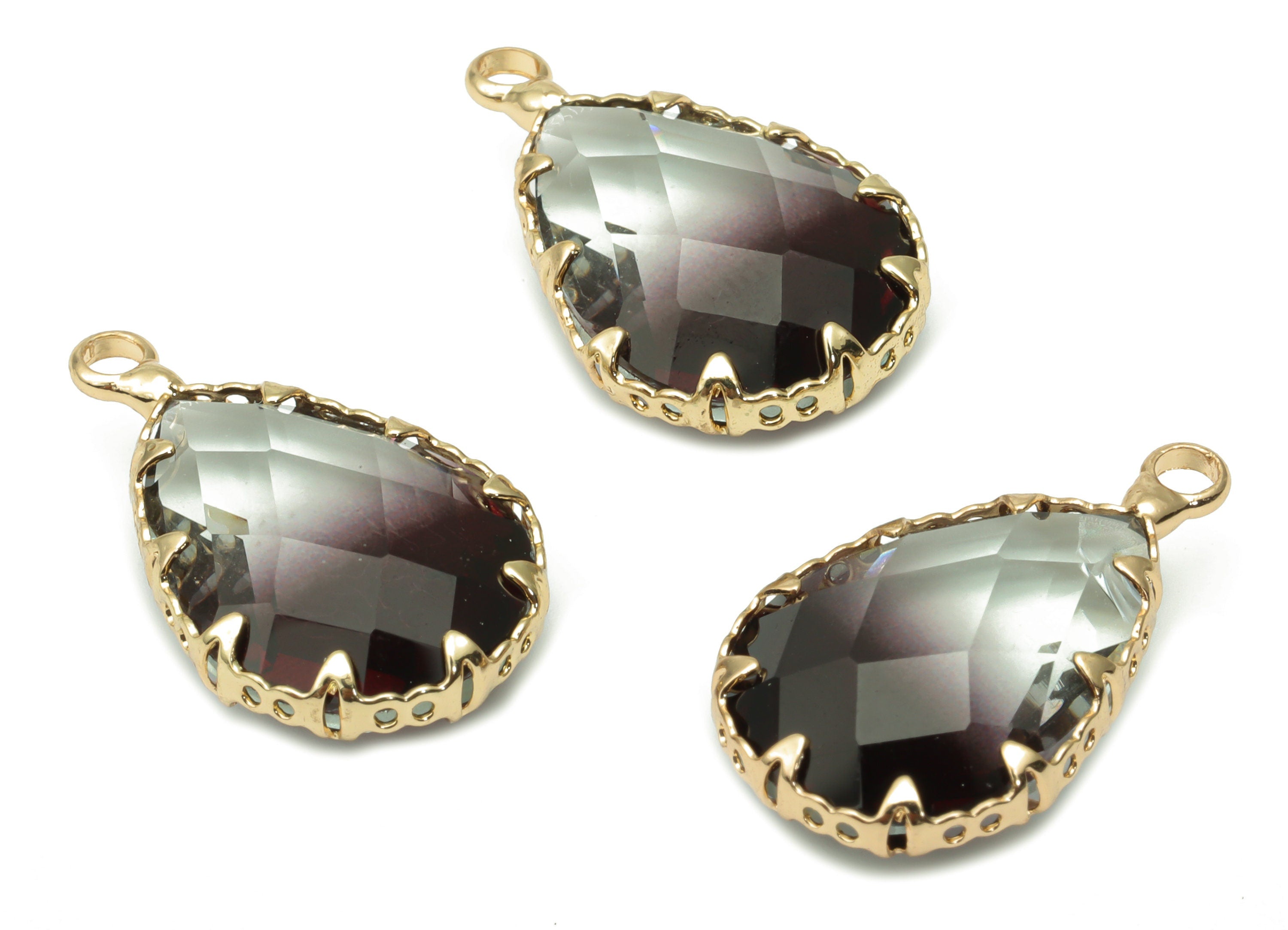 Glass Faceted Drop Charms with Loop - Brass Teardrop Frame Pendant - Gold Tone Plated Brass - Faceted Glass - 23.1x13.93x6.86mm - GS1116A - DOMEDBAZAAR