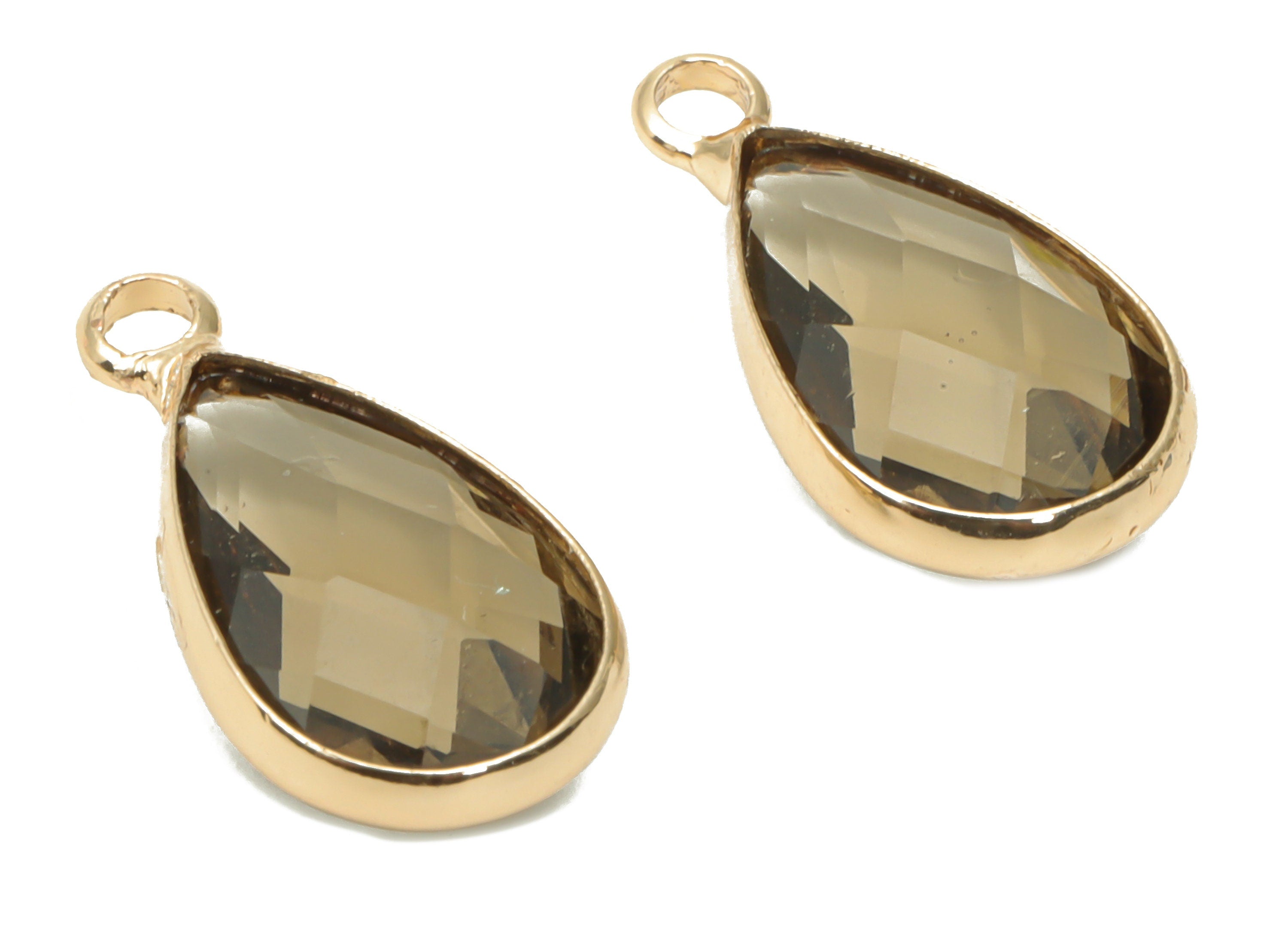 Glass Faceted Drop Loop Earring Charms - Brass Teardrop Frame Pendant - Gold Tone Plated Brass - Faceted Glass - 15.4x8.47x4.24mm - GS1099D - DOMEDBAZAAR