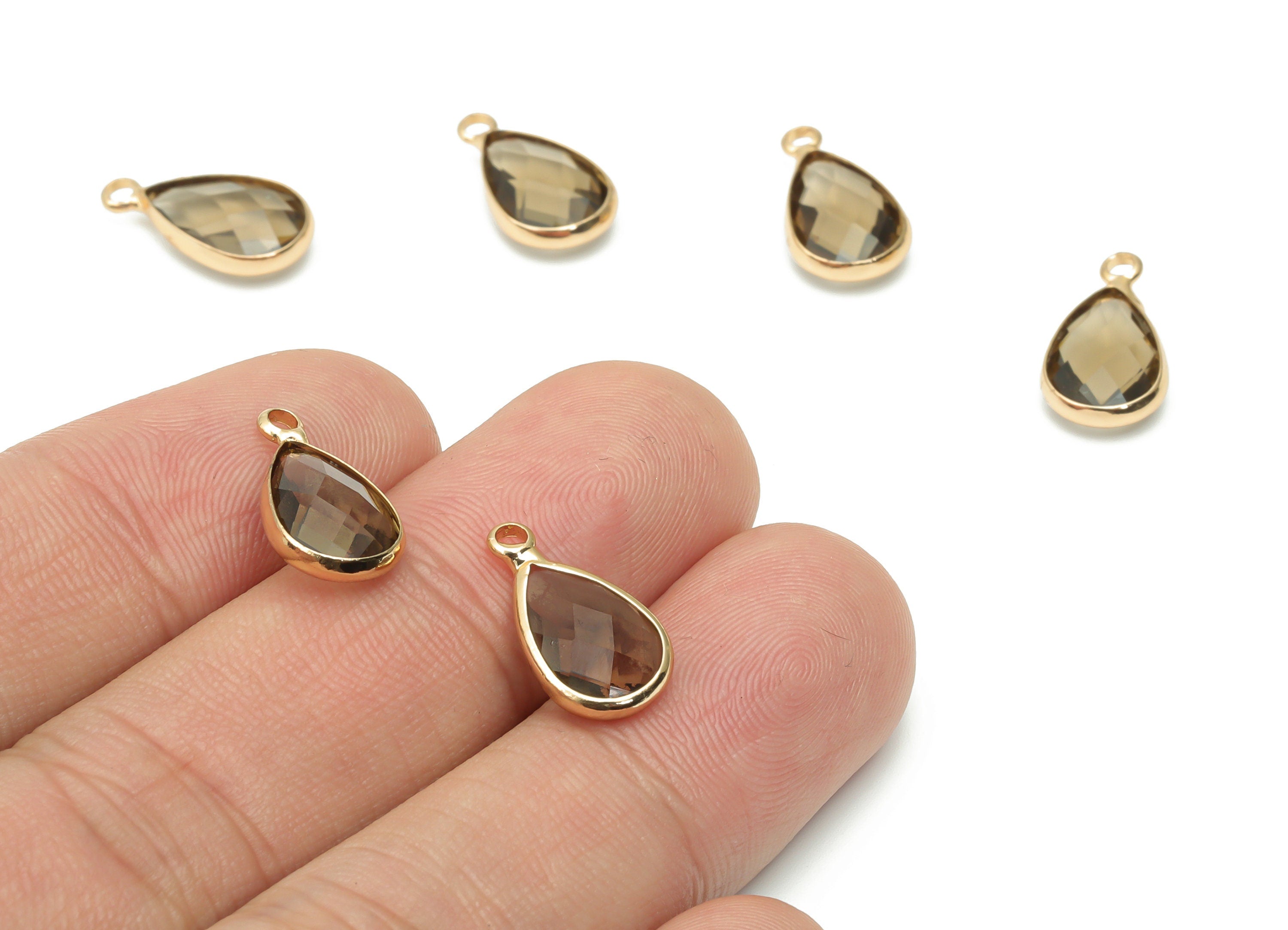 Glass Faceted Drop Loop Earring Charms - Brass Teardrop Frame Pendant - Gold Tone Plated Brass - Faceted Glass - 15.4x8.47x4.24mm - GS1099D - DOMEDBAZAAR