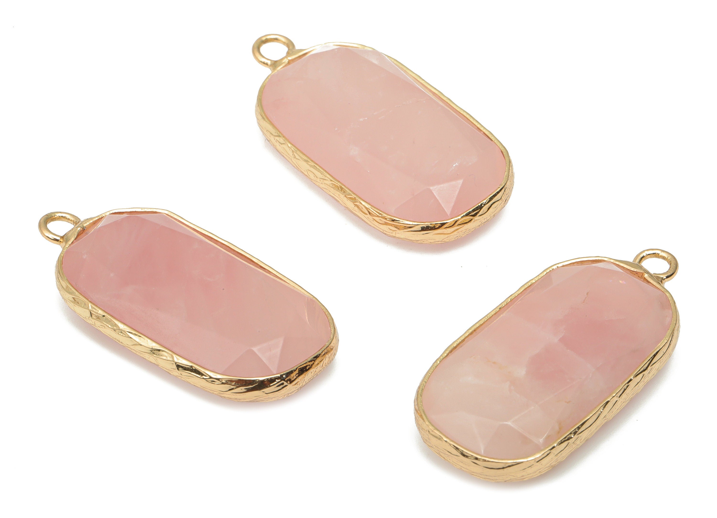 Rose Quartz Crystal Faceted Earring Charms - Brass Rectangle Pendant - Natural Stone - Gold Tone Plated Brass – 31.1x15.54x5.95mm – NS1700B - DOMEDBAZAAR