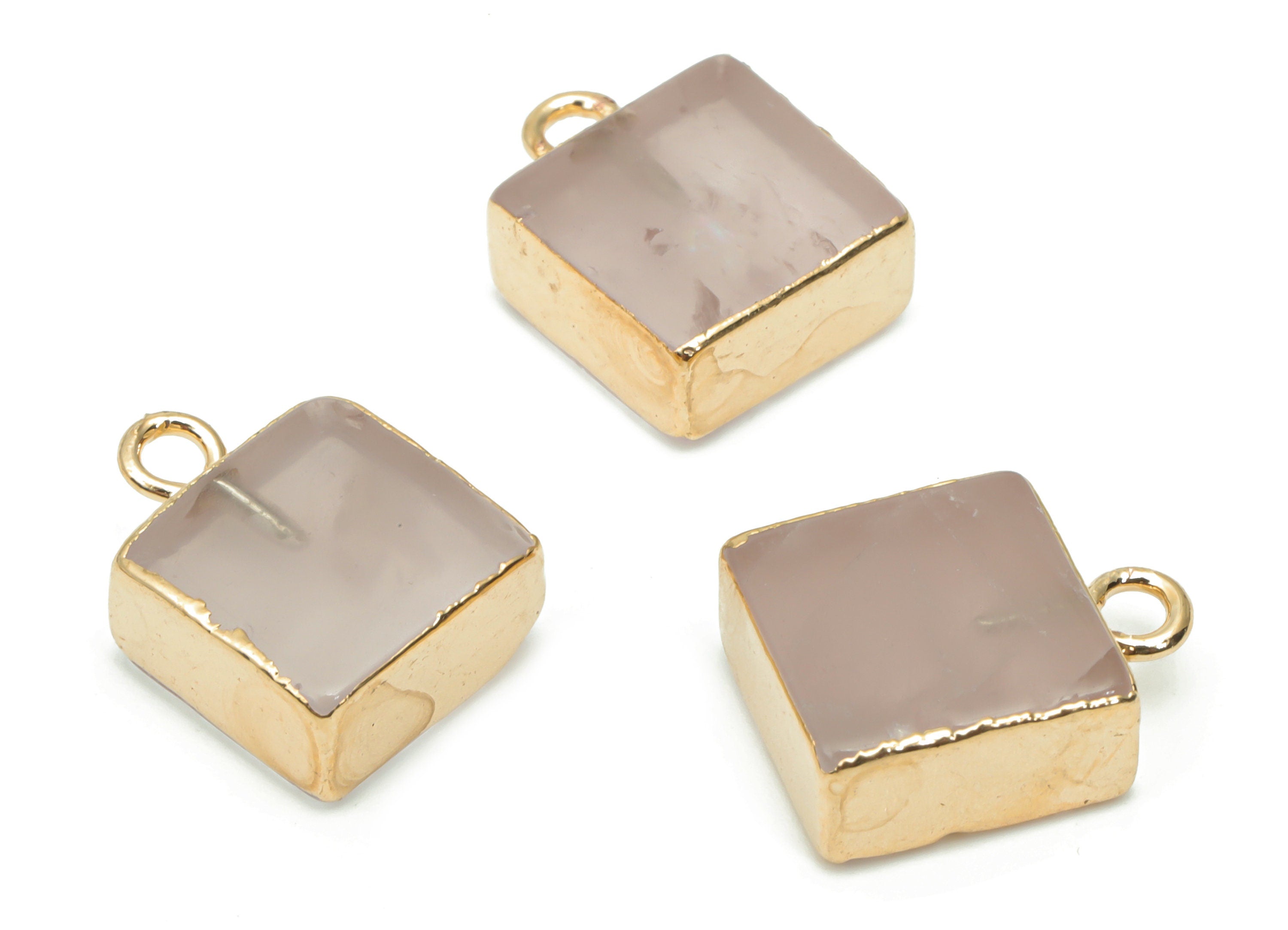 Rose Quartz Crystal Square Cube Charms - Brass Square Pendant - Natural Stone - Gold Tone Plated Brass – 13.98x9.96x5.33mm – NS1689B - DOMEDBAZAAR