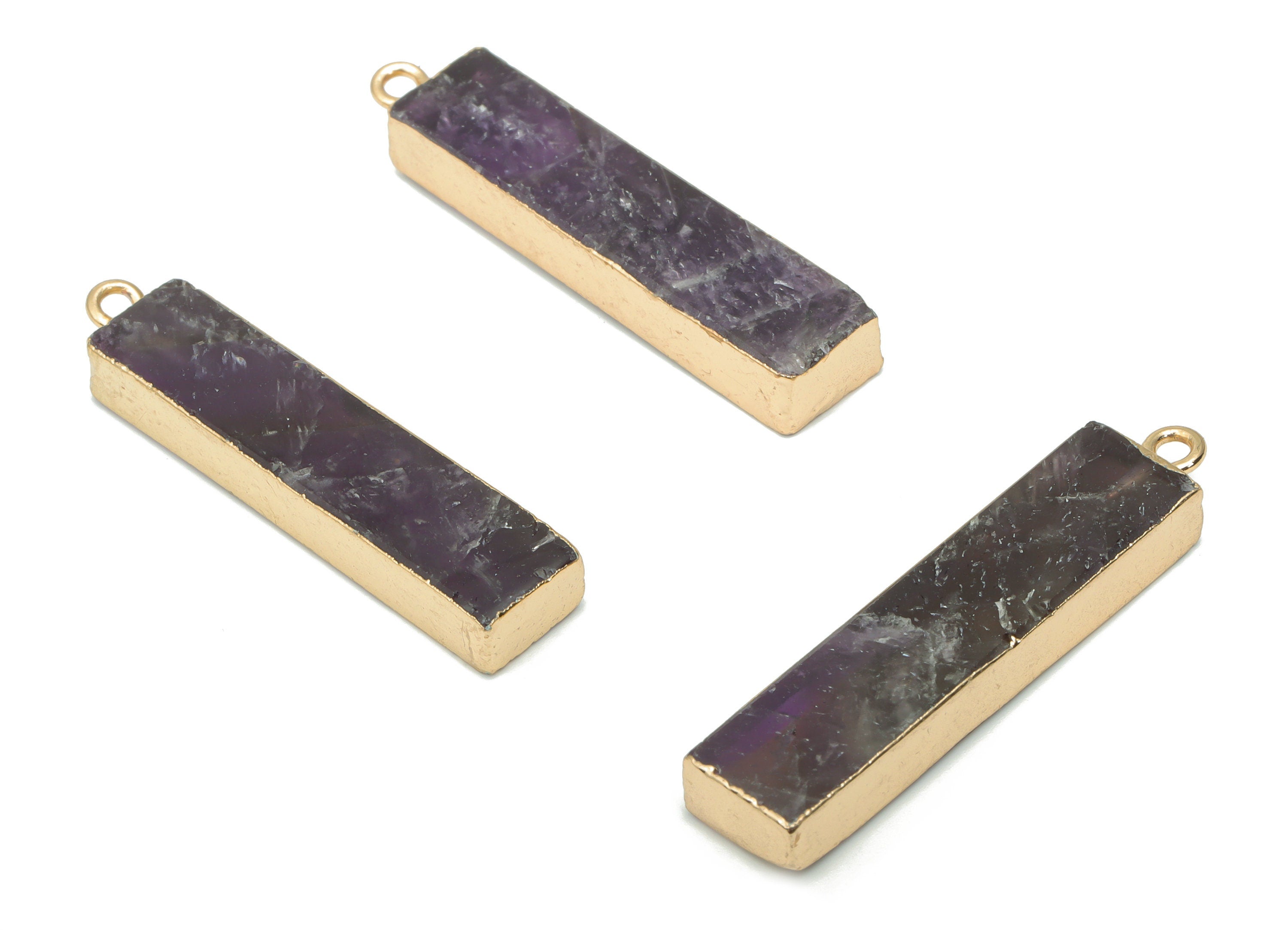 Amethyst Rectangle Stick Earring Charms - Brass Long Bar Pendant - Natural Stone - Gold Tone Plated Brass – 38.56x8.44x5.36mm – NS1702A - DOMEDBAZAAR
