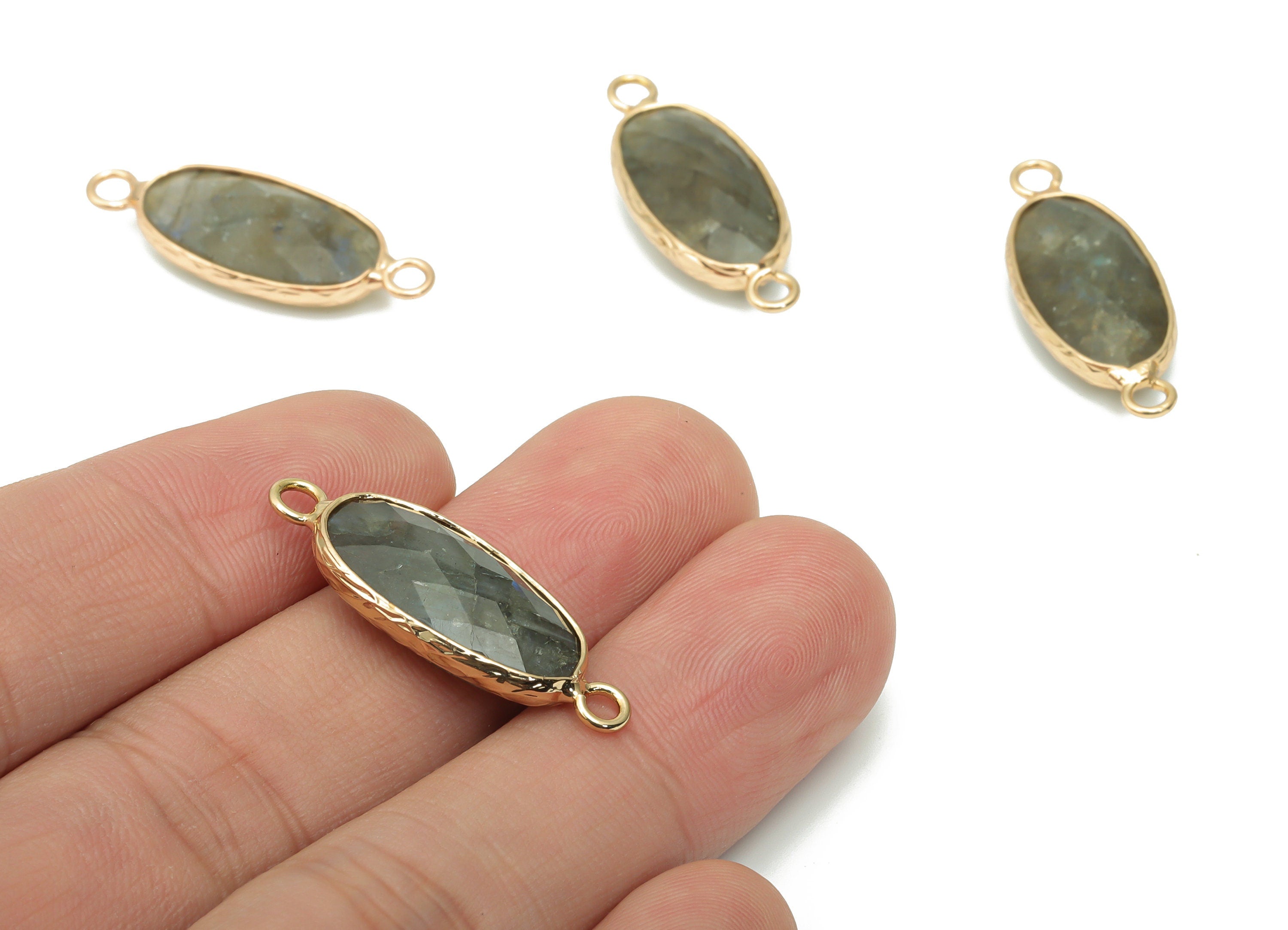 Labradorite Long Oval Earring Connector - Brass Oval Charms and Bracelet - Natural Stone - Gold Tone Plated Brass – 29.9x11.5x5.8mm- NS1698E - DOMEDBAZAAR
