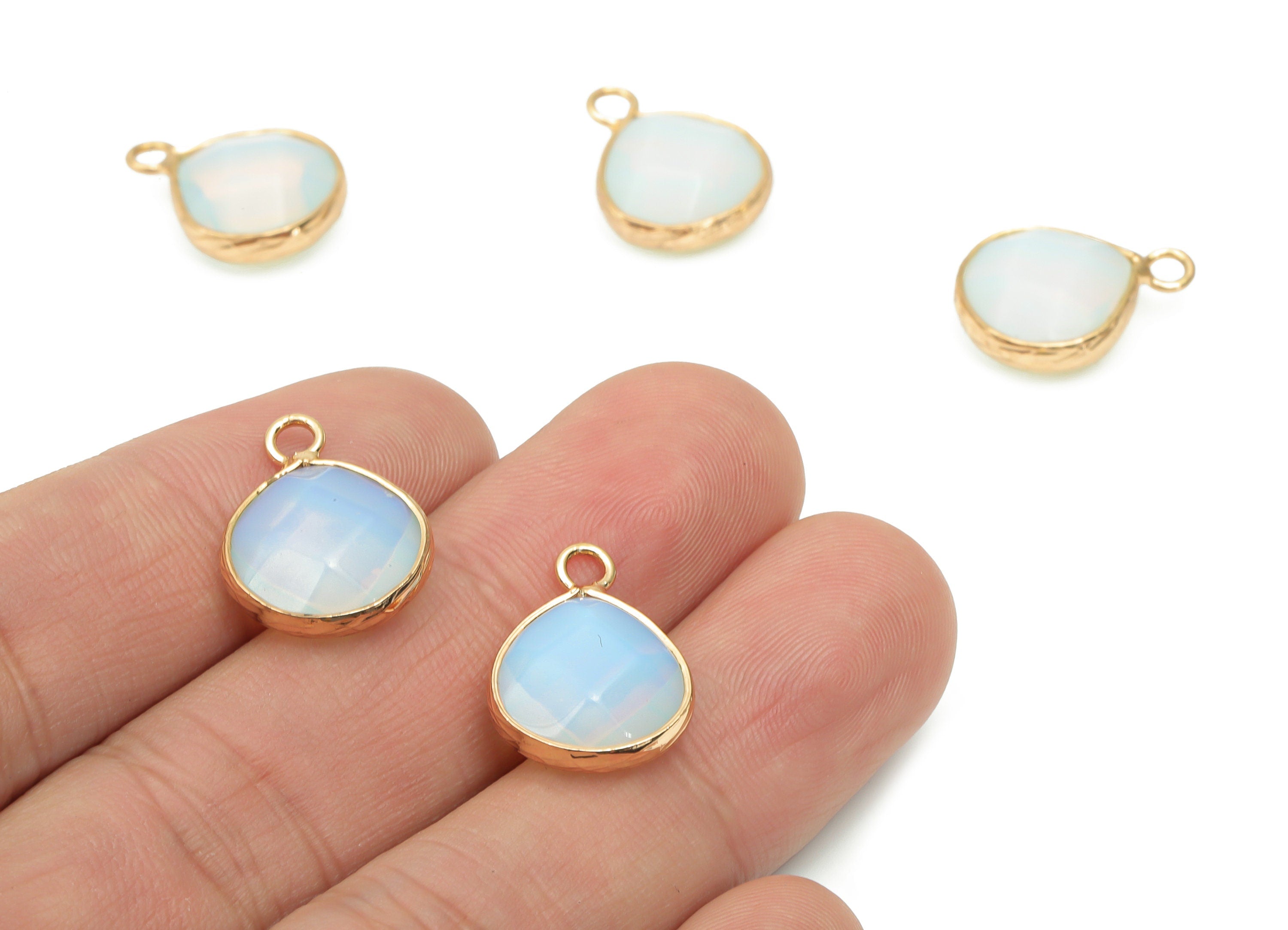 Opalite Drop Earring Charms - Brass Teardrop Pendant - Natural Stone - Gold Tone Plated Brass – 17.78x13.61x5.85mm – NS1696B - DOMEDBAZAAR