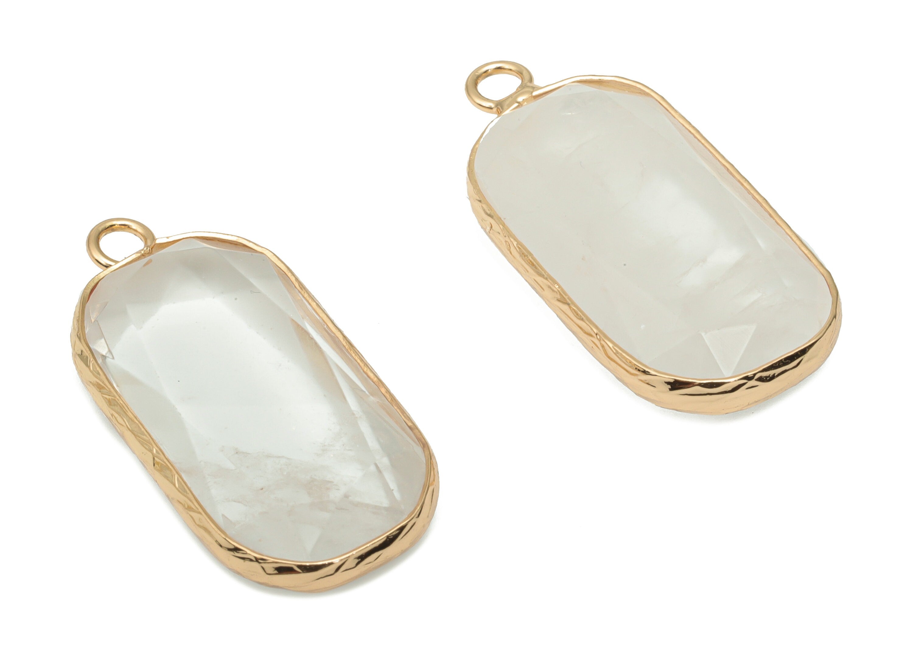 Clear Quartz Faceted Earring Charms - Brass Rectangle Pendant - Natural Stone - Gold Tone Plated Brass – 31.1x15.54x5.95mm – NS1700C - DOMEDBAZAAR
