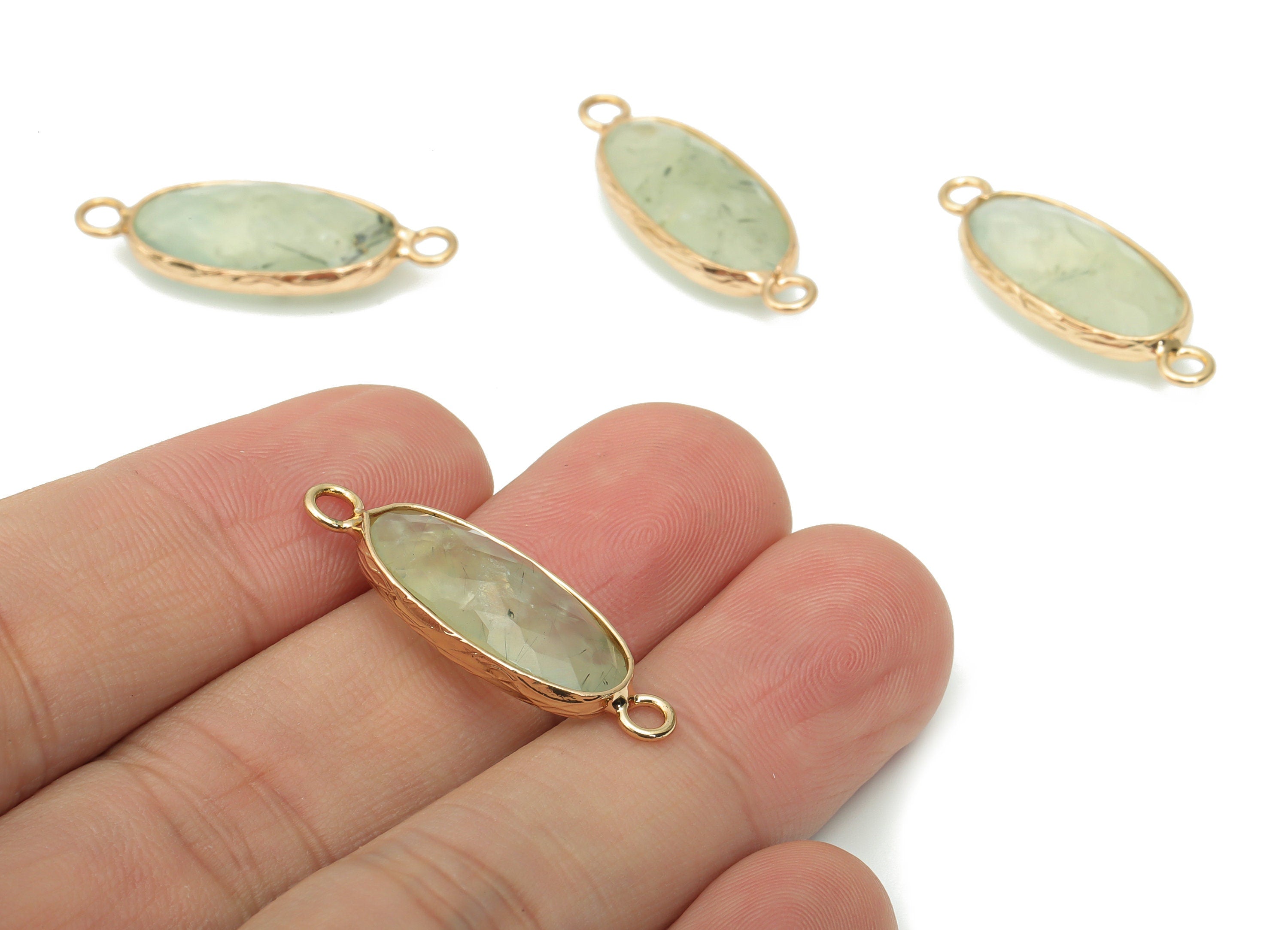 Prehnite Long Oval Earring Connector - Brass Oval Charms and Bracelet - Natural Stone - Gold Tone Plated Brass – 29.9x11.5x5.8mm - NS1698D - DOMEDBAZAAR