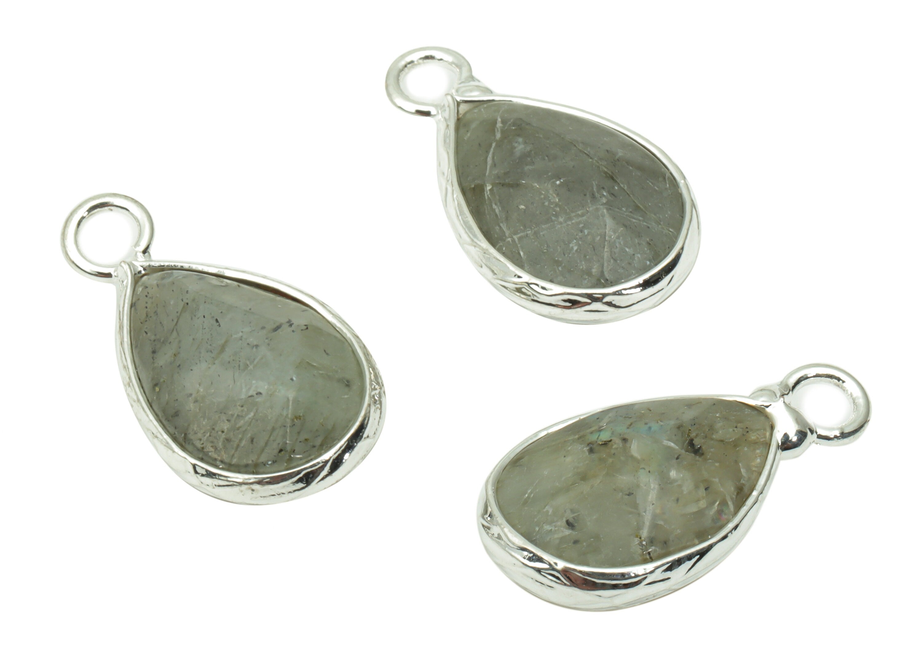 Labradorite Drop Earring Charms - Brass Teardrop Pendant - Natural Stone - Silver Tone Plated Brass – 17.97x9.61x4.55mm – NS1690E - DOMEDBAZAAR