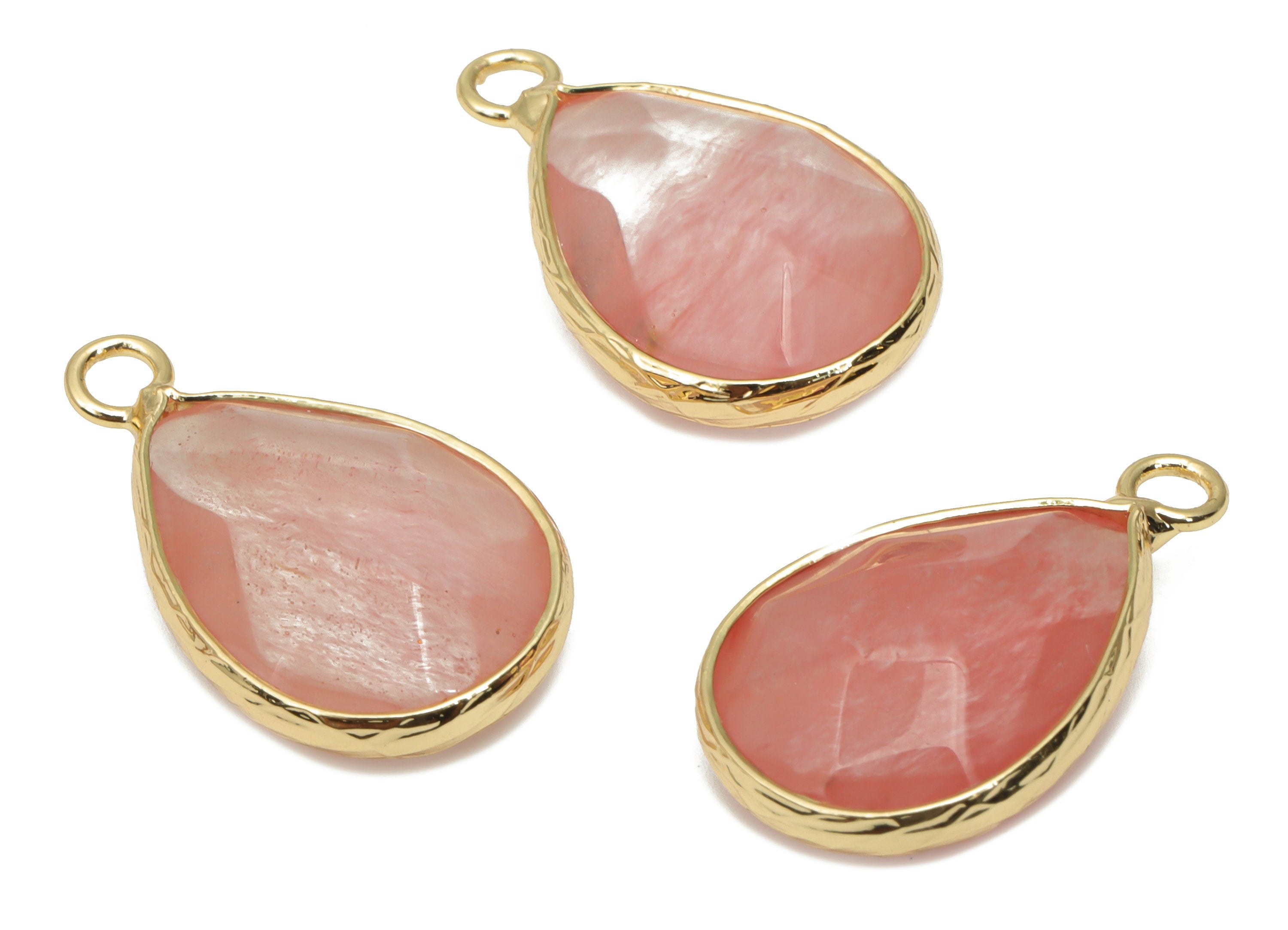 Cherry Quartz Drop Earring Charms - Brass Teardrop Pendant - Natural Stone - Gold Tone Plated Brass – 22.58x13.85x6.17mm – NS1694B - DOMEDBAZAAR