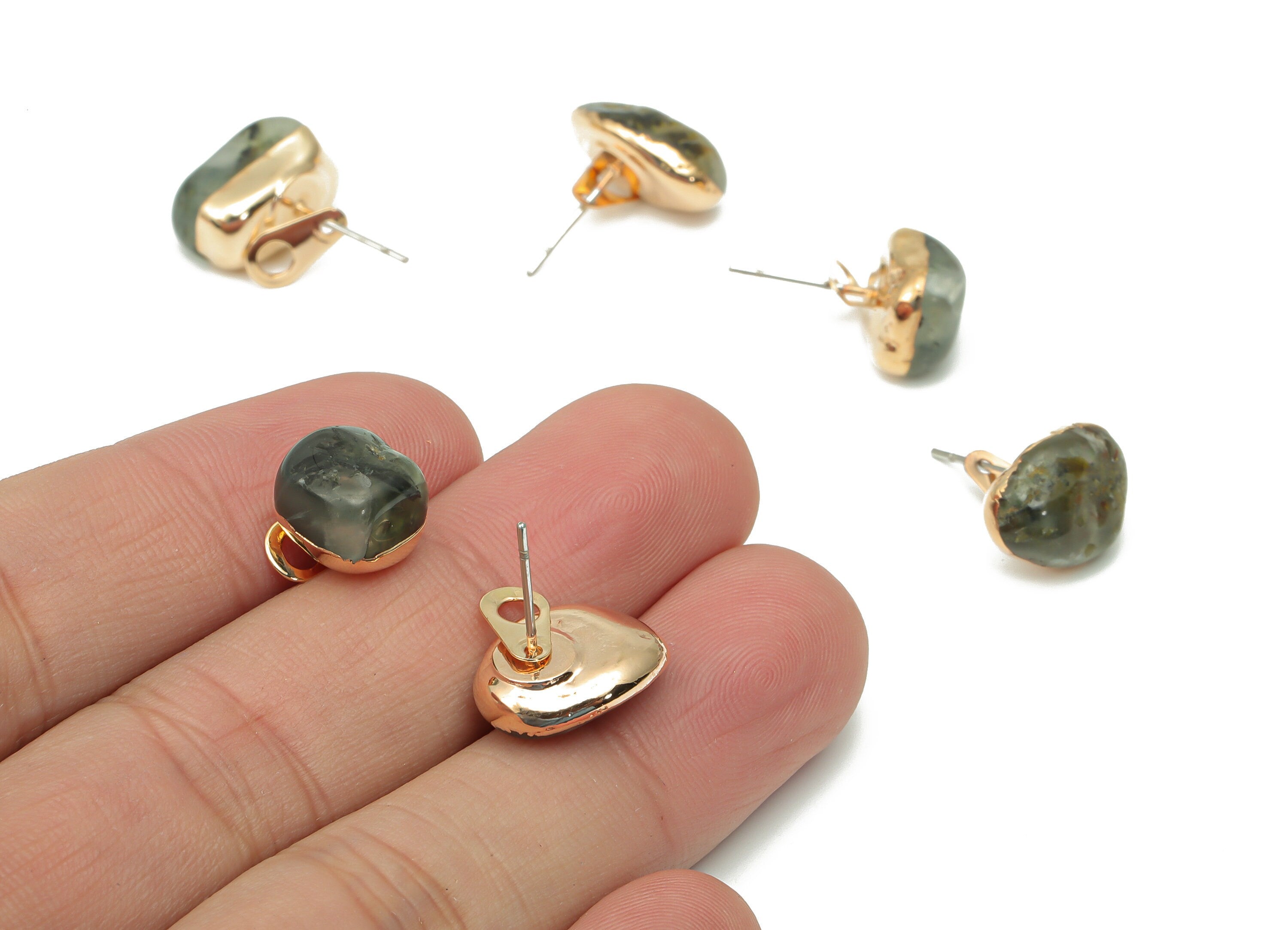 Prehnite Earring Stud with Loop - Natural Stone Earring Post -  Gold Tone Plated Stone – 316 Surgical Stainless Steel - 11.58x8x8mm– NS1762U - DOMEDBAZAAR