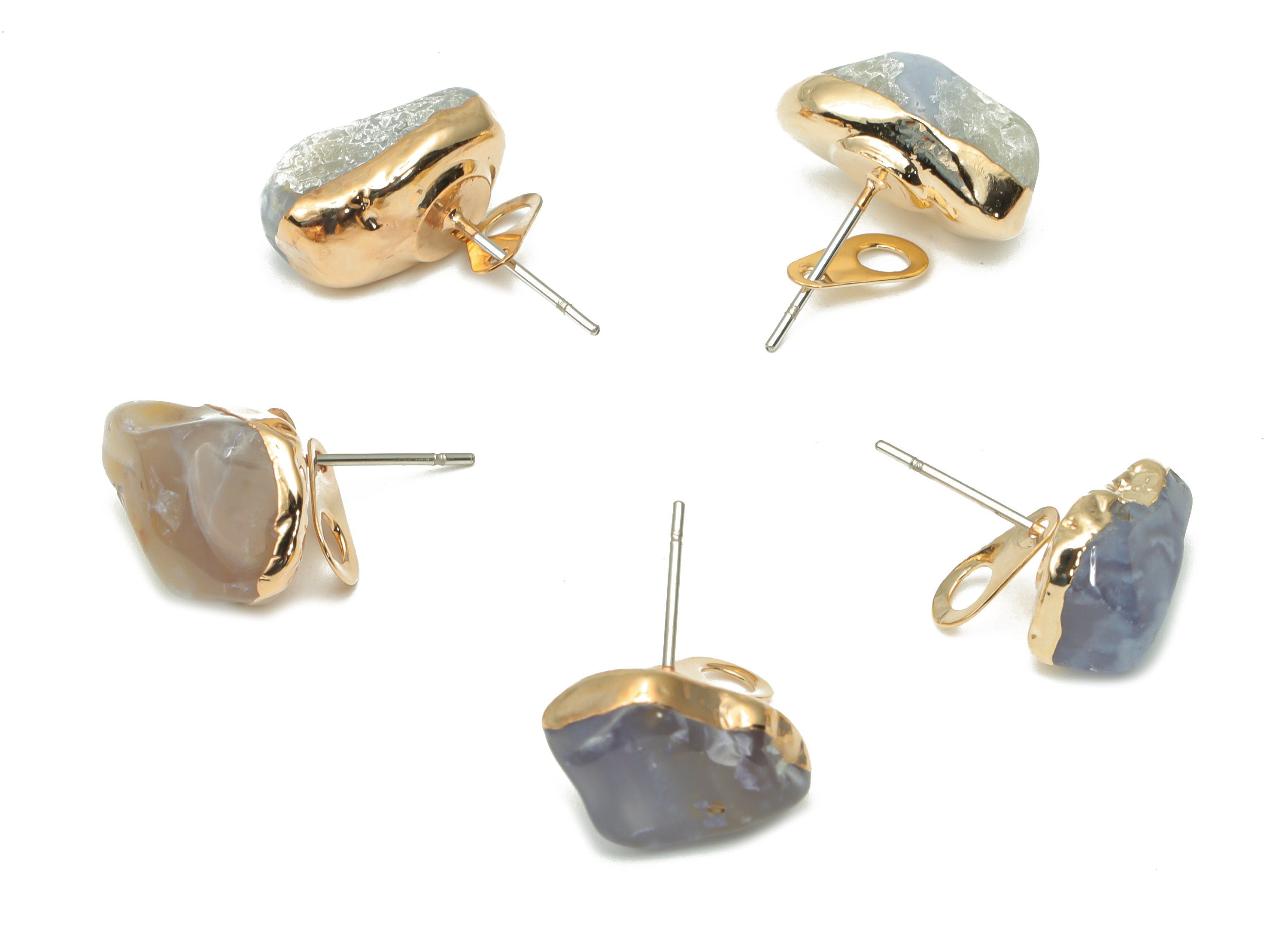 Blue Lace Agate Stud with Loop - Natural Stone Earring Post -  Gold Tone Plated Stone – 316 Surgical Stainless Steel - 11.82x9x4mm – NS1762P - DOMEDBAZAAR