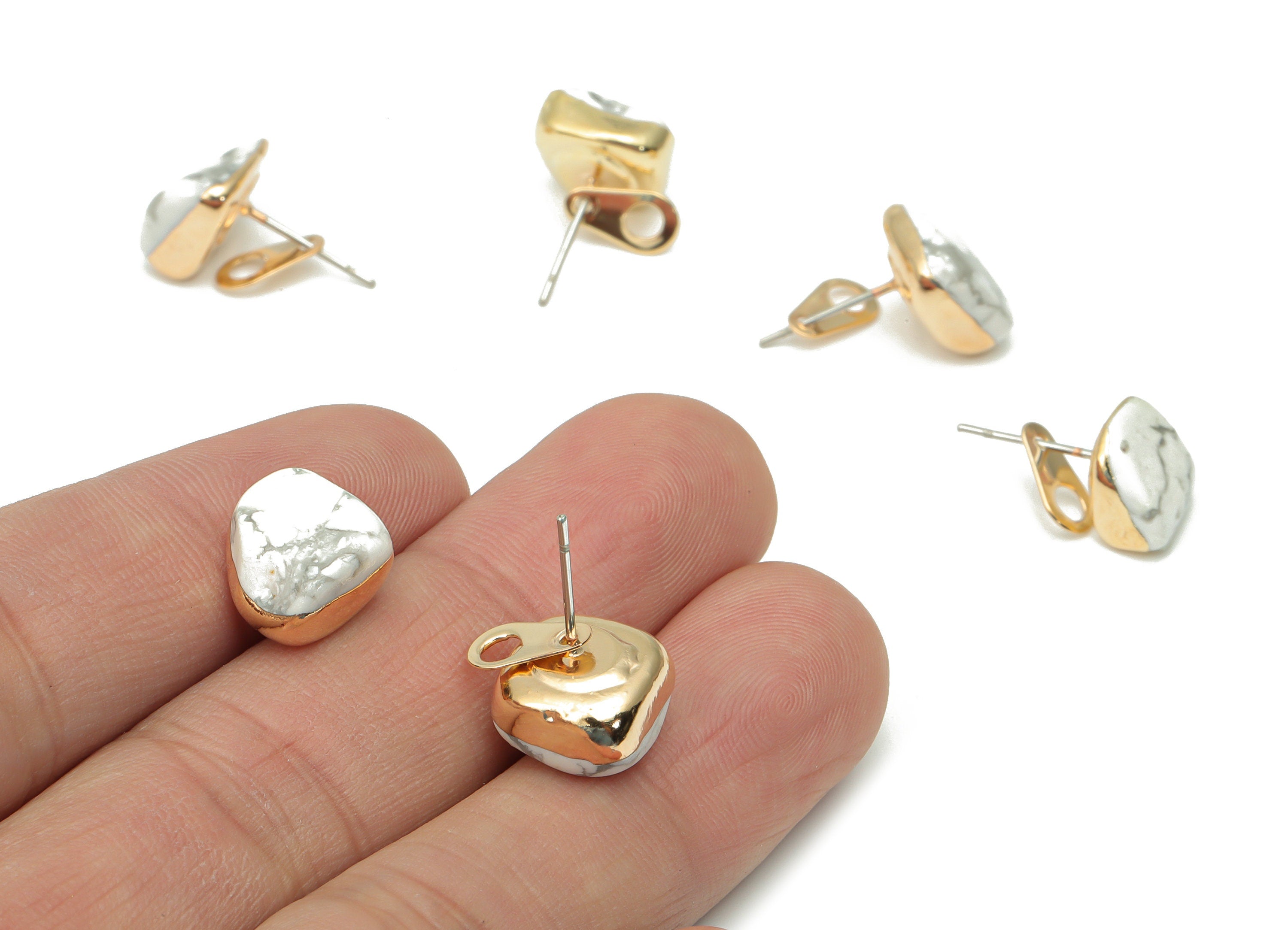 Howlite Earring Stud with Loop - Natural Stone Earring Post -  Gold Tone Plated Stone – 316 Surgical Stainless Steel - 9.2x8.8x6mm – NS1762N - DOMEDBAZAAR